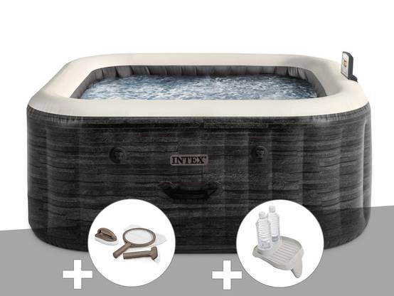 Kit spa gonflable Intex PureSpa Ardoise carré Bulles 4 places + Kit d'entretien + Porte-verre
