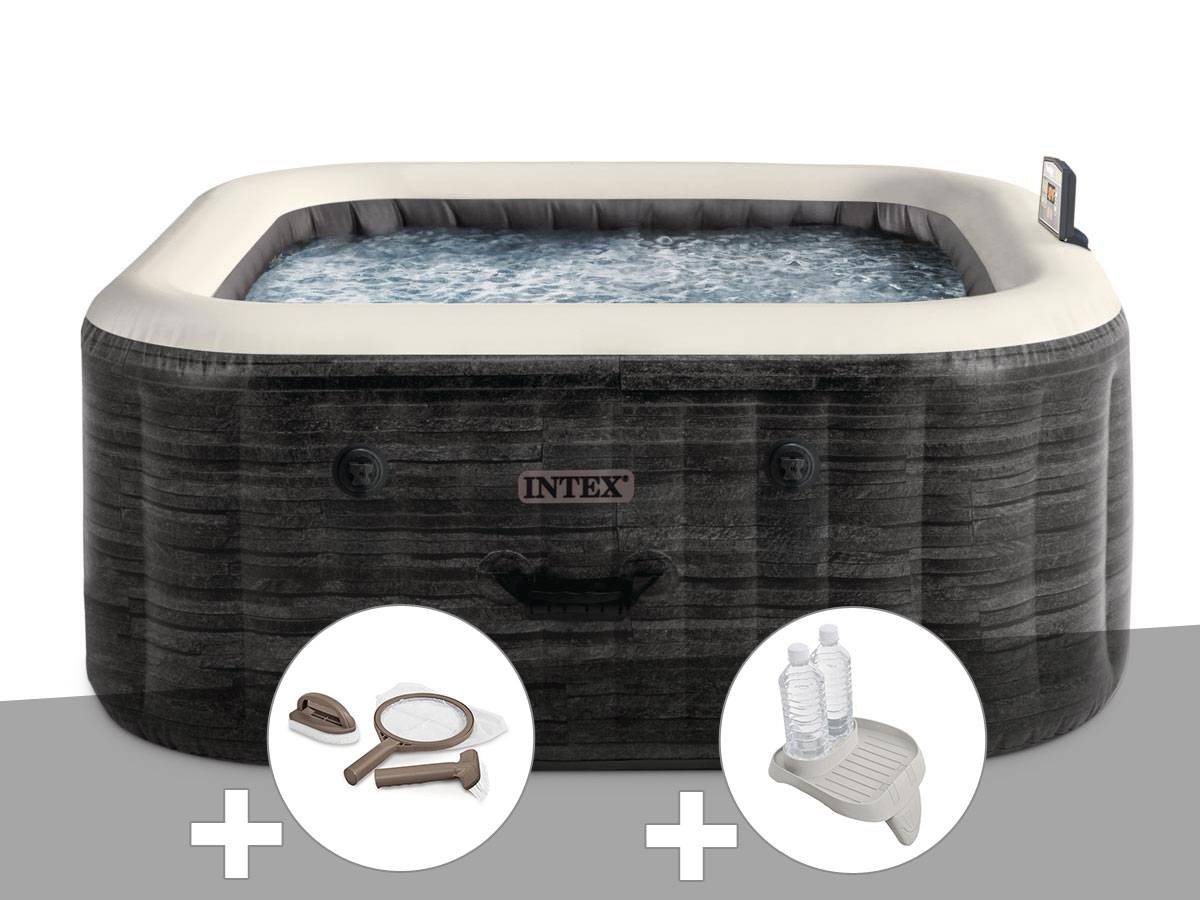 Kit spa gonflable Intex PureSpa Ardoise carré Bulles 4 places + Kit d'entretien + Porte-verre