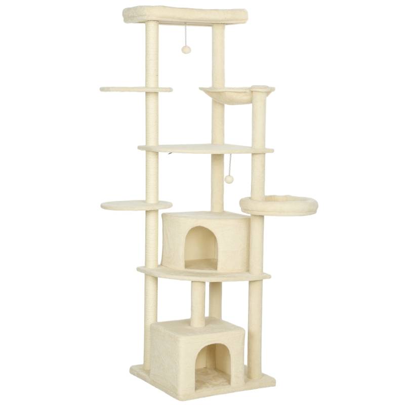 Arbre à chat 2m pour 2-3 chats, poteaux sisal, grottes, hamac, cachettes multi-niveaux beige - Image 1