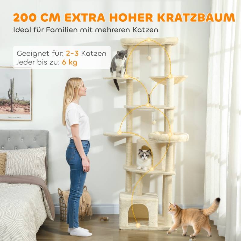 Arbre à chat 2m pour 2-3 chats, poteaux sisal, grottes, hamac, cachettes multi-niveaux beige - Image 4