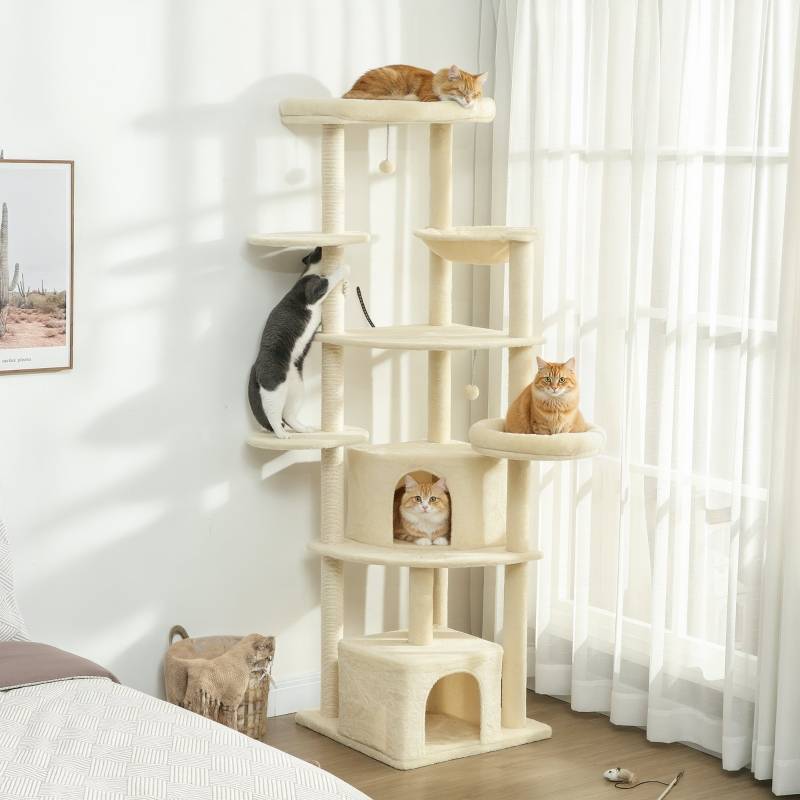 Arbre à chat 2m pour 2-3 chats, poteaux sisal, grottes, hamac, cachettes multi-niveaux beige - Image 2