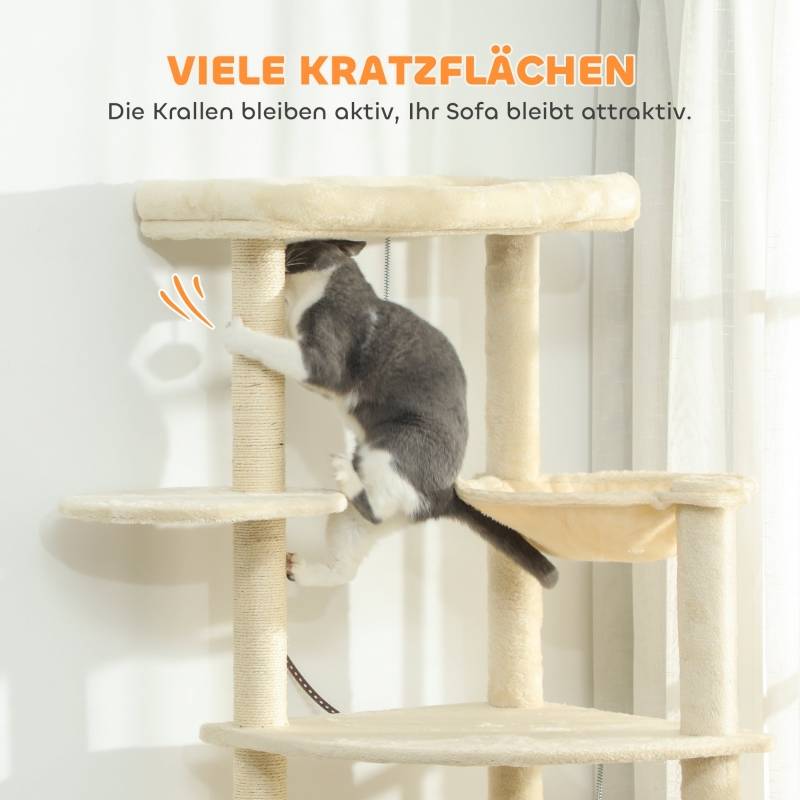 Arbre à chat 2m pour 2-3 chats, poteaux sisal, grottes, hamac, cachettes multi-niveaux beige - Image 7