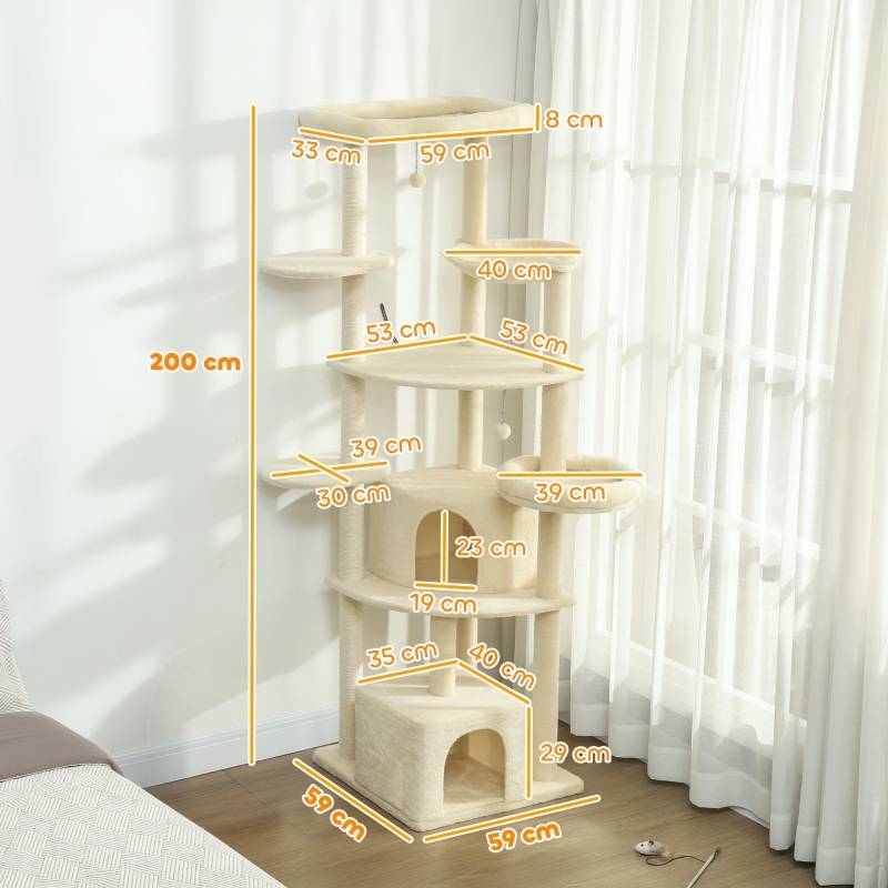 Arbre à chat 2m pour 2-3 chats, poteaux sisal, grottes, hamac, cachettes multi-niveaux beige - Image 3