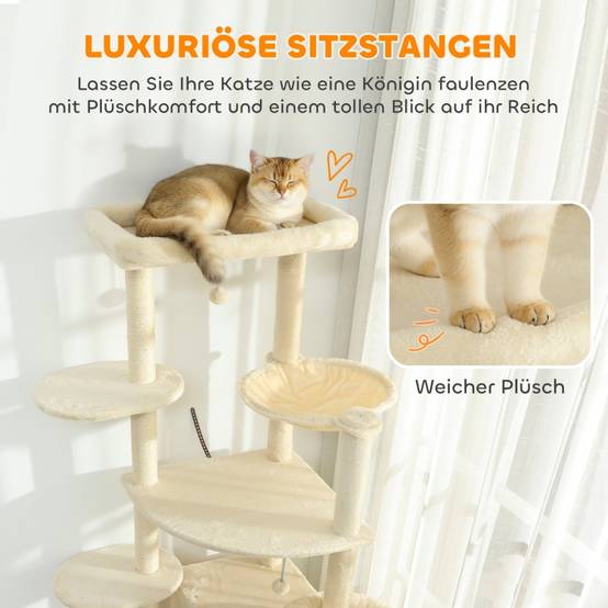 Arbre à chat 2m pour 2-3 chats, poteaux sisal, grottes, hamac, cachettes multi-niveaux beige - Image 5