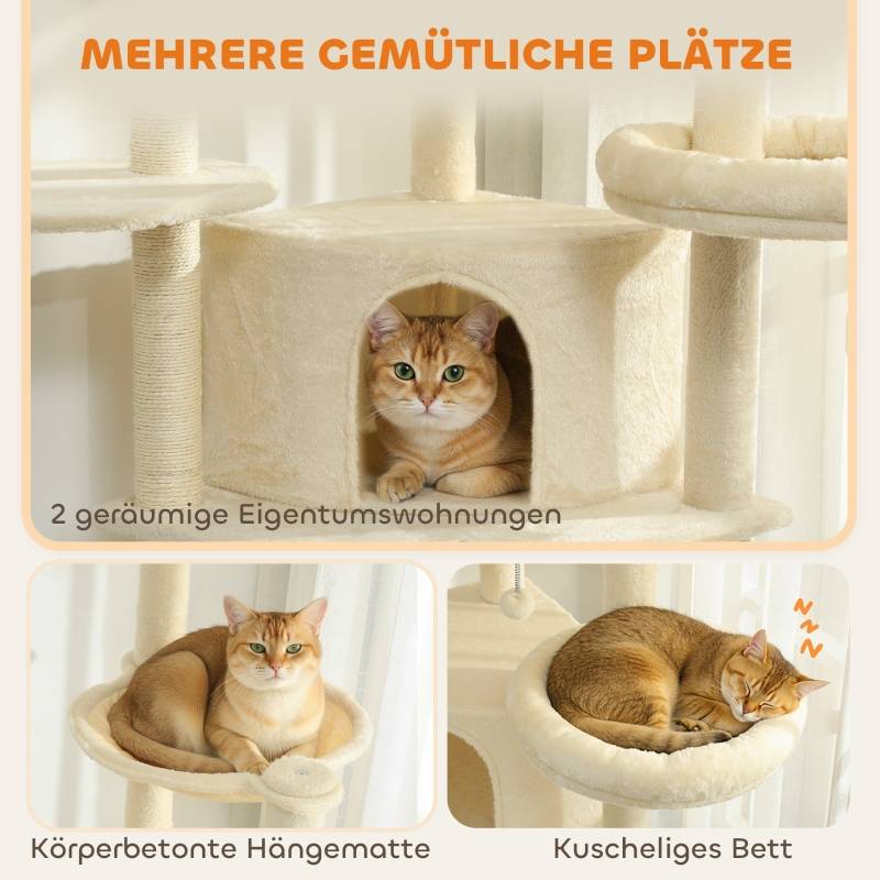 Arbre à chat 2m pour 2-3 chats, poteaux sisal, grottes, hamac, cachettes multi-niveaux beige - Image 6