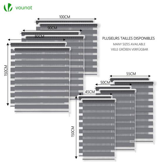 Vounot - Lot de 2 Store enrouleur jour nuit double 50x150cm Gris - Image 6