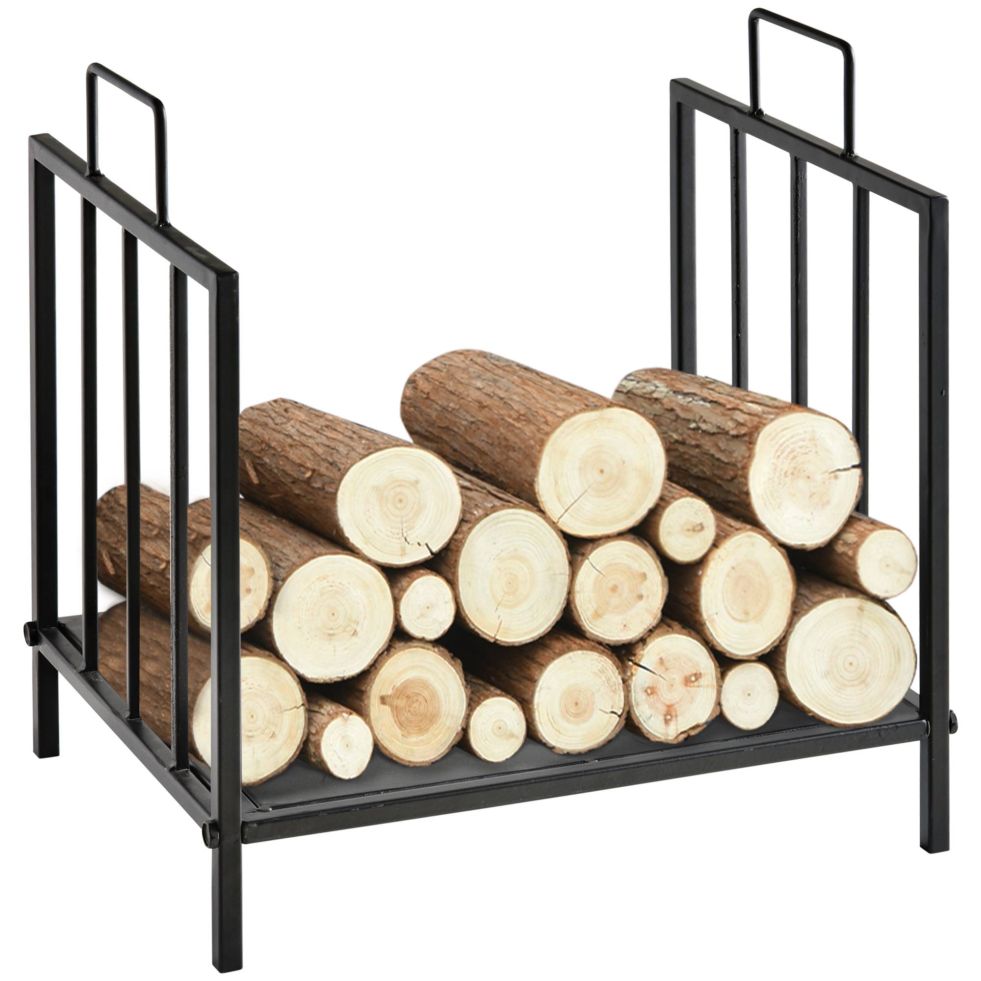 Porte‑bûches traditionnel cheminée, rangement bois intérieur‑extérieur, poignées, base surélevée, 44,5x33x46,5 cm, noir - Image 1