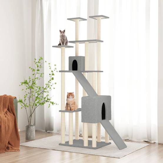 Grand arbre à chat XXL en sisal avec 2 niches et plateformes pour grands chats Gris clair 190 cm – ComfortXL Pet Living - Image 1