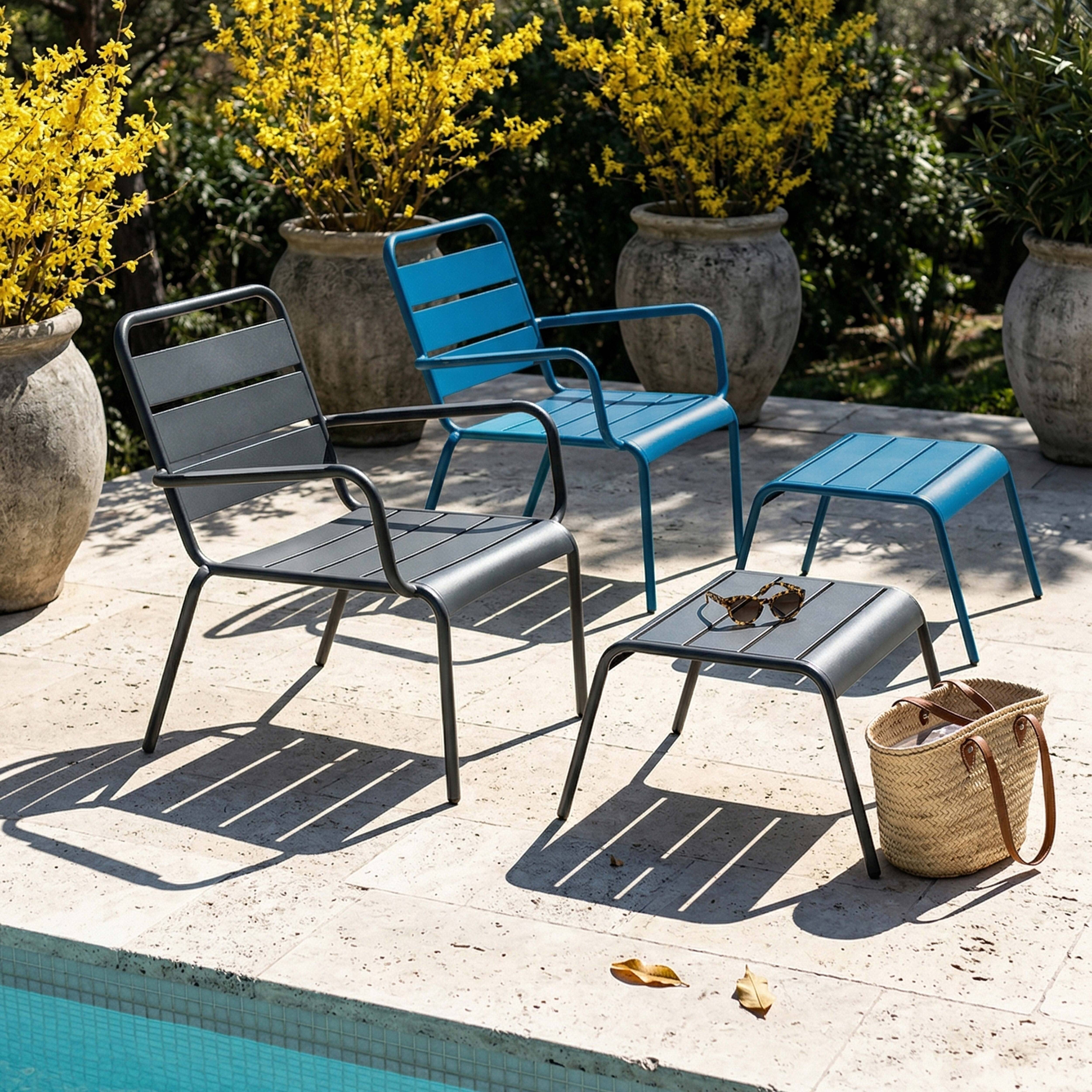 Oviala - Lot 2 fauteuils relax avec repose-pieds métal gris et bleu pacific Palavas - Oviala - Imagen 2