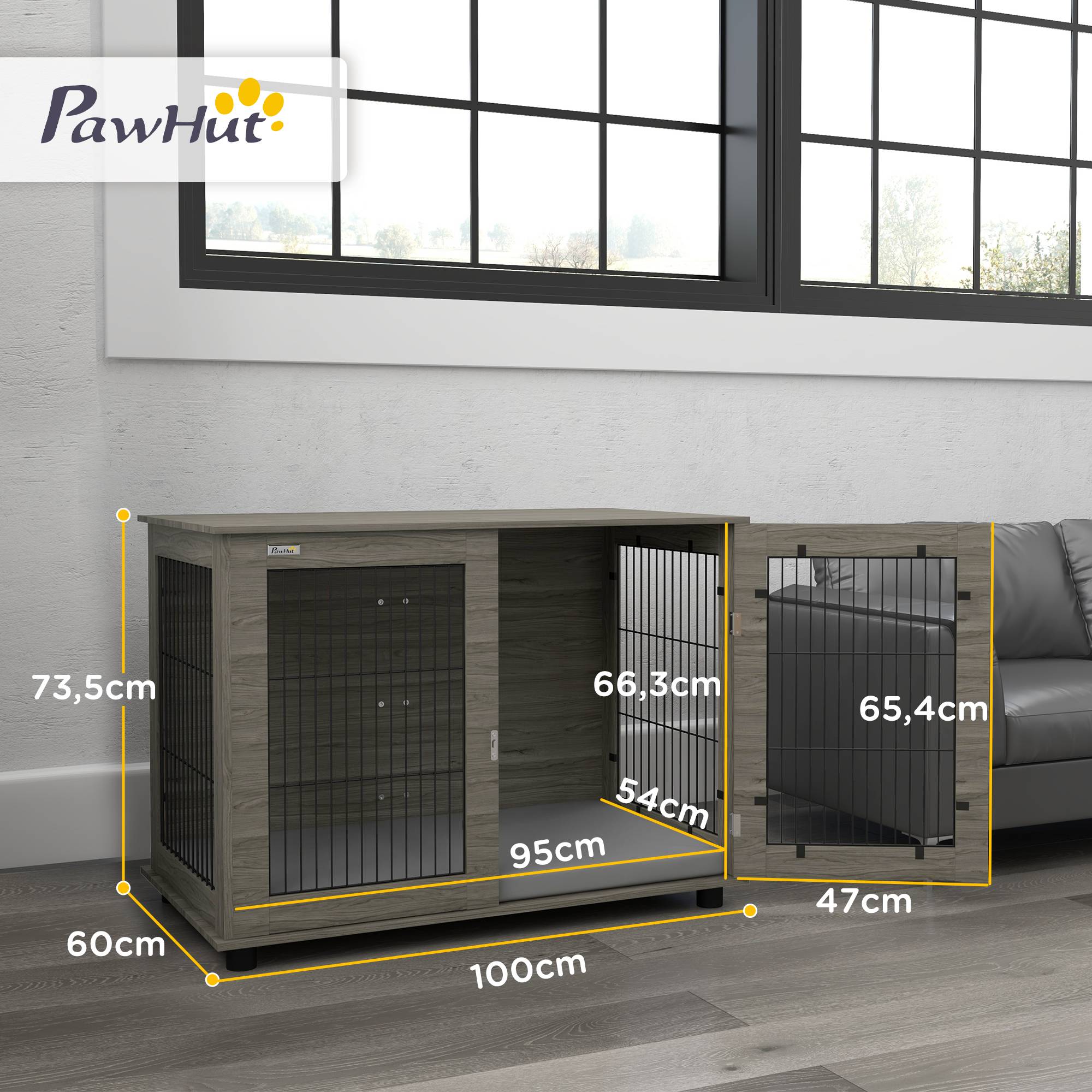 Pawhut - Cage pour chien intérieure dim. 100L x 60l x 73,5H cm - porte verrouillable, coussin déhoussable - acier noir aspect bois gris - Imagen 3
