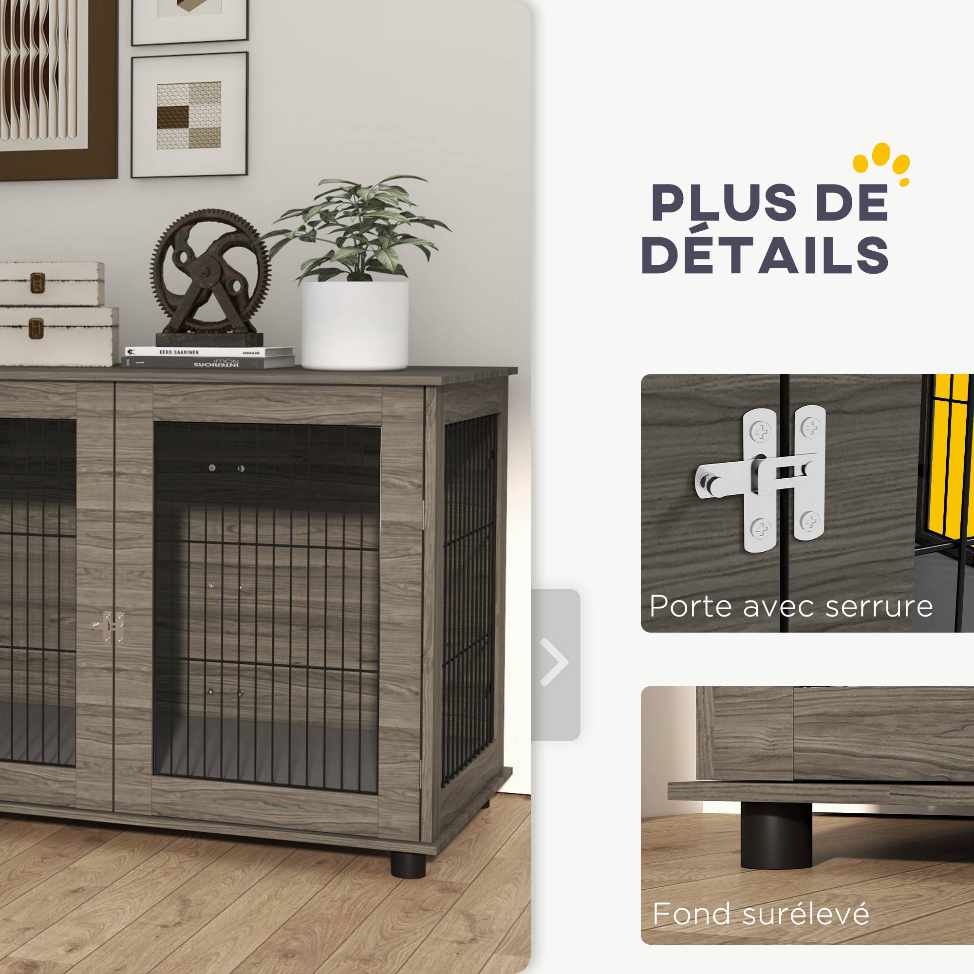 Pawhut - Cage pour chien intérieure dim. 100L x 60l x 73,5H cm - porte verrouillable, coussin déhoussable - acier noir aspect bois gris - Imagen 6