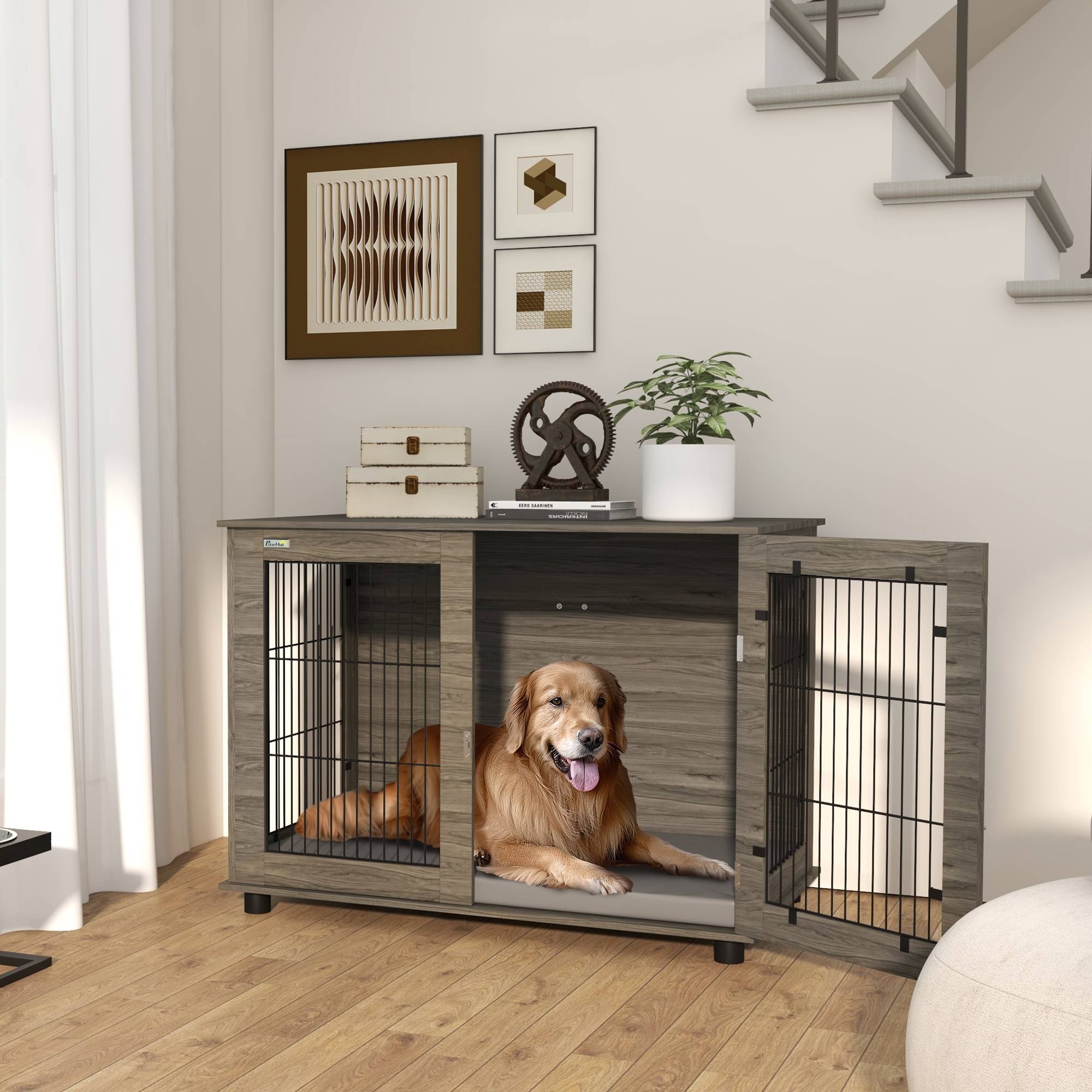 Pawhut - Cage pour chien intérieure dim. 100L x 60l x 73,5H cm - porte verrouillable, coussin déhoussable - acier noir aspect bois gris - Imagen 2