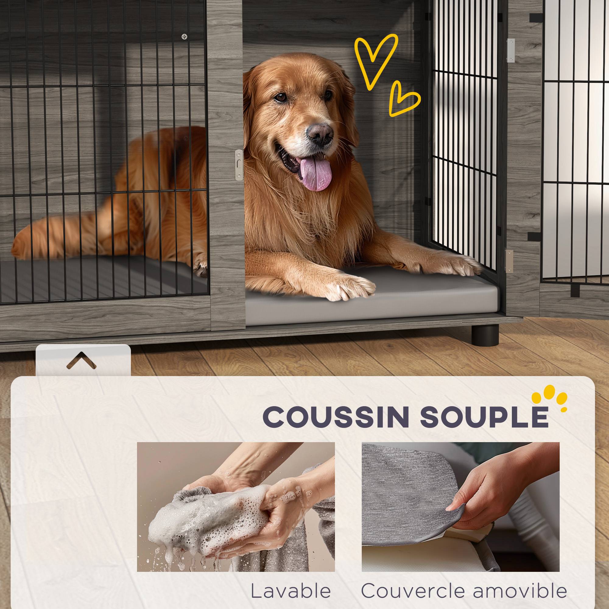 Pawhut - Cage pour chien intérieure dim. 100L x 60l x 73,5H cm - porte verrouillable, coussin déhoussable - acier noir aspect bois gris - Imagen 7