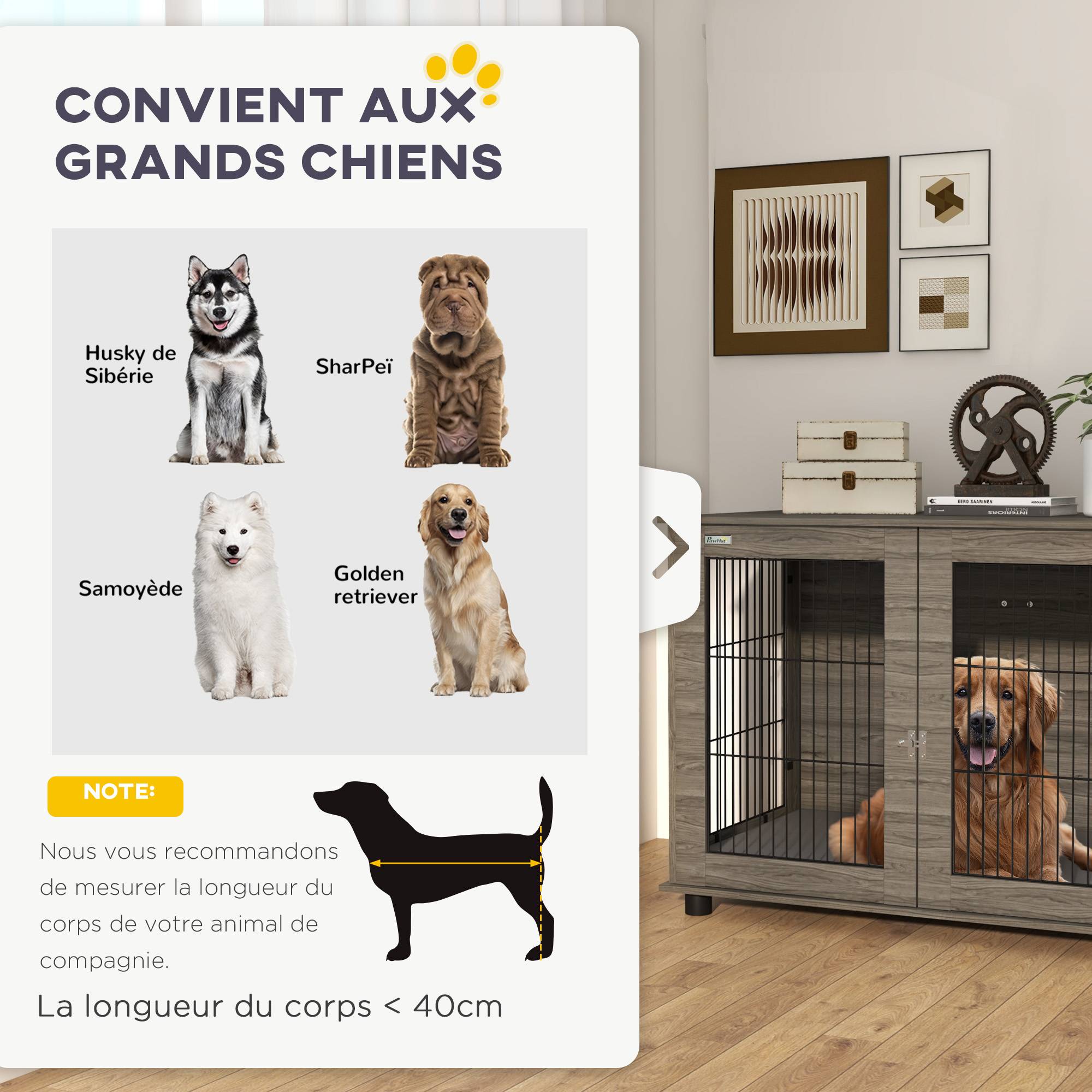 Pawhut - Cage pour chien intérieure dim. 100L x 60l x 73,5H cm - porte verrouillable, coussin déhoussable - acier noir aspect bois gris - Imagen 4