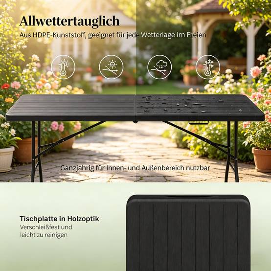 Table pliante aspect bois PEHD jardin camping réception portable 180x74cm noir - ComfortXL Outdoor Living - Image 6