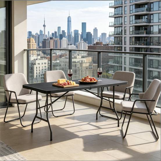 Table pliante aspect bois PEHD jardin camping réception portable 180x74cm noir - ComfortXL Outdoor Living - Image 1
