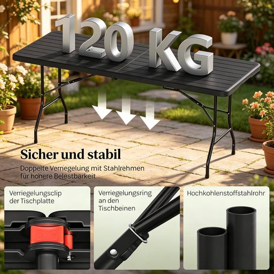Table pliante aspect bois PEHD jardin camping réception portable 180x74cm noir - ComfortXL Outdoor Living - Image 5