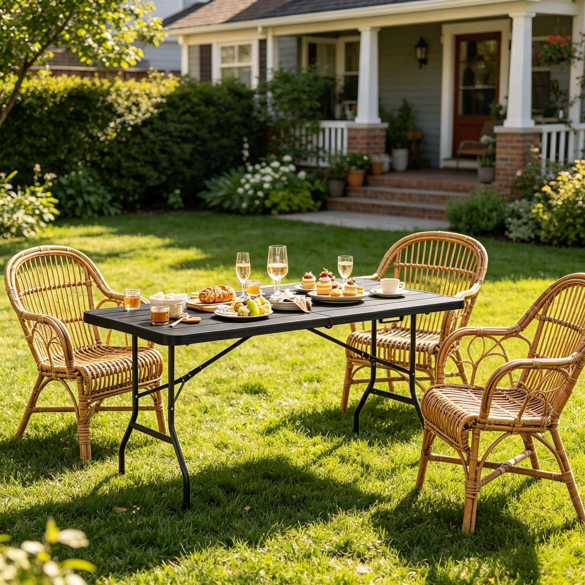 Table pliante aspect bois PEHD jardin camping réception portable 180x74cm noir - ComfortXL Outdoor Living - Image 2