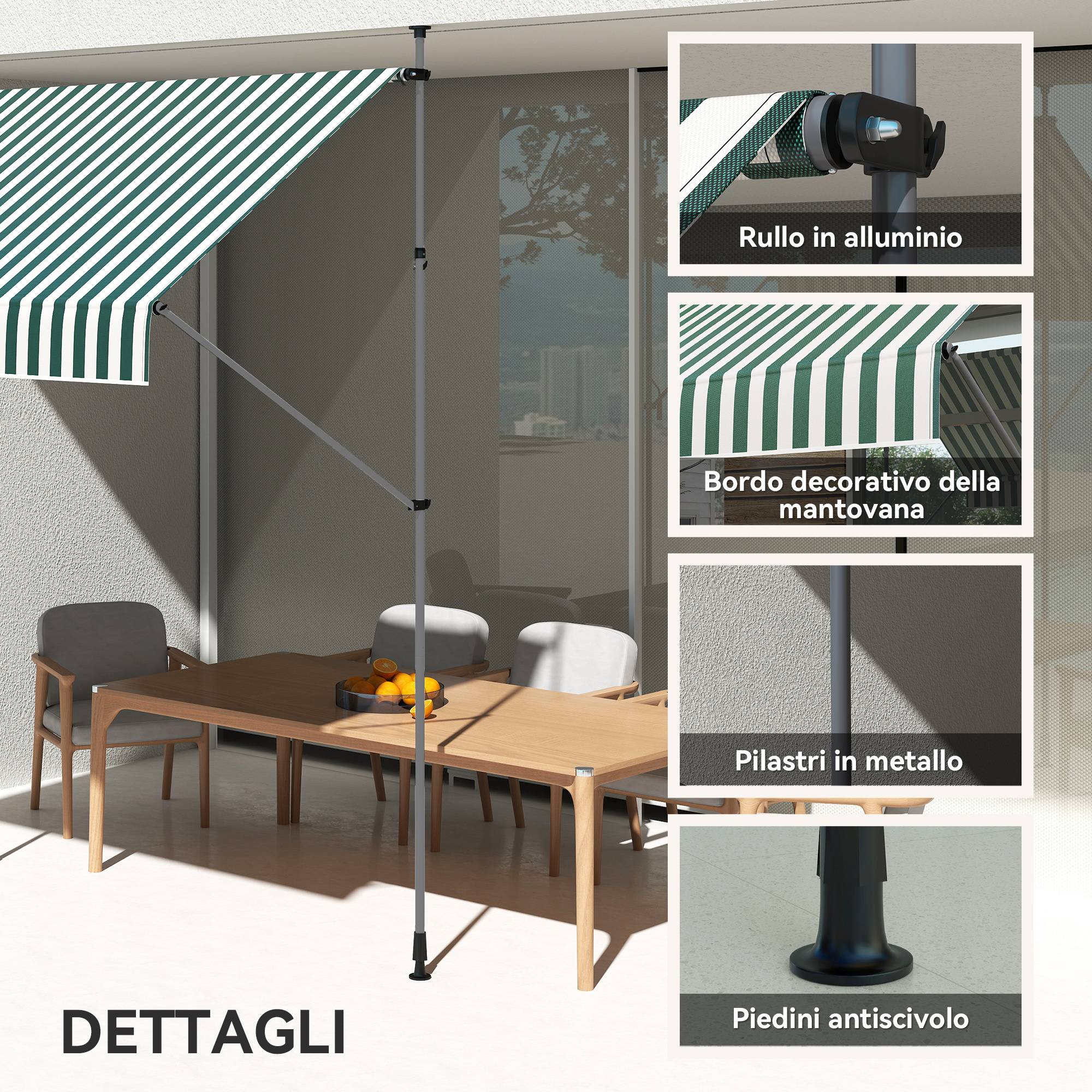 ComfortXL - Store Banette Aluminium Balcon Fixation Sans Perçage Hauteur Réglable 2x1.2m Vert/Blanc - ComfortXL Outdoor Living - Image 9