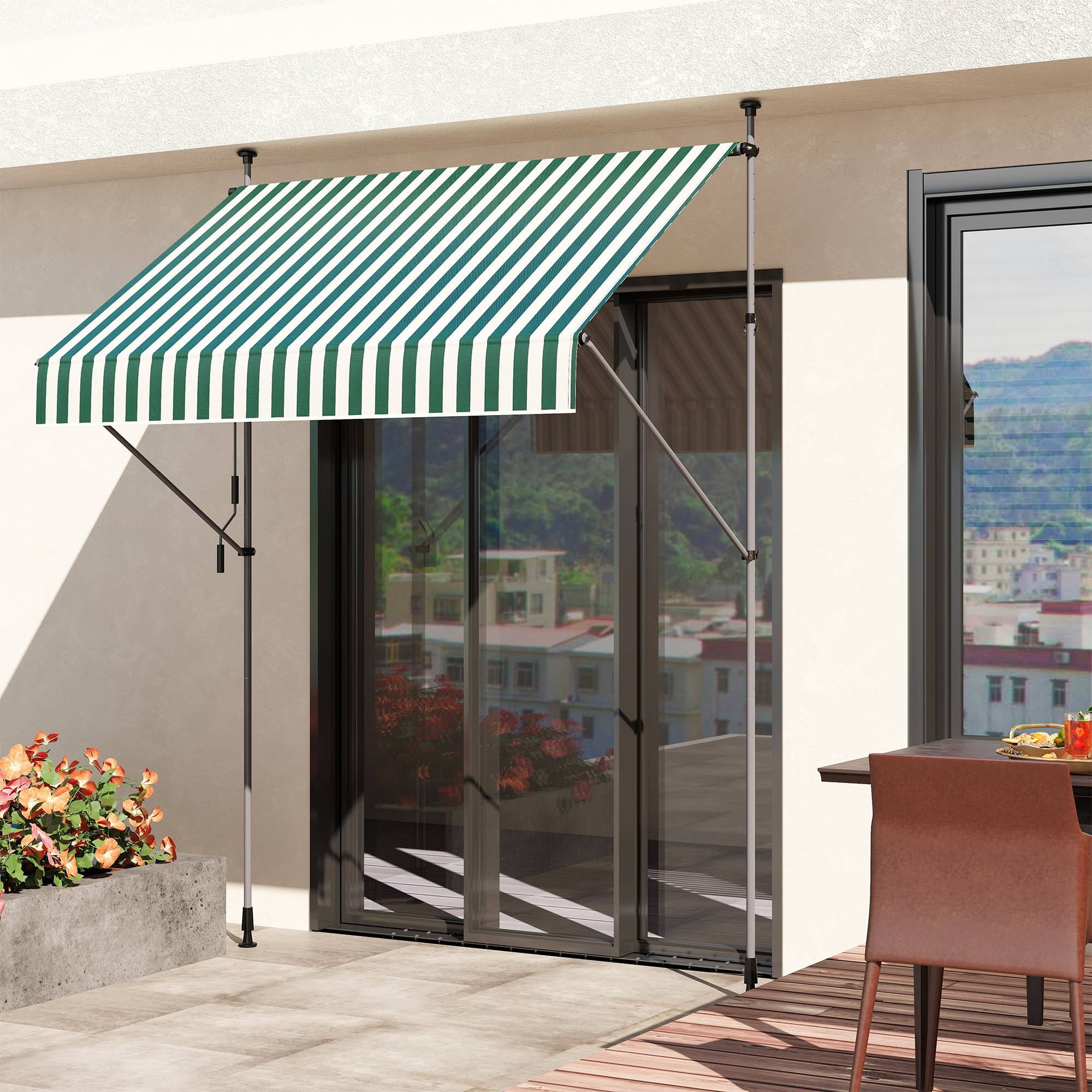ComfortXL - Store Banette Aluminium Balcon Fixation Sans Perçage Hauteur Réglable 2x1.2m Vert/Blanc - ComfortXL Outdoor Living - Image 3