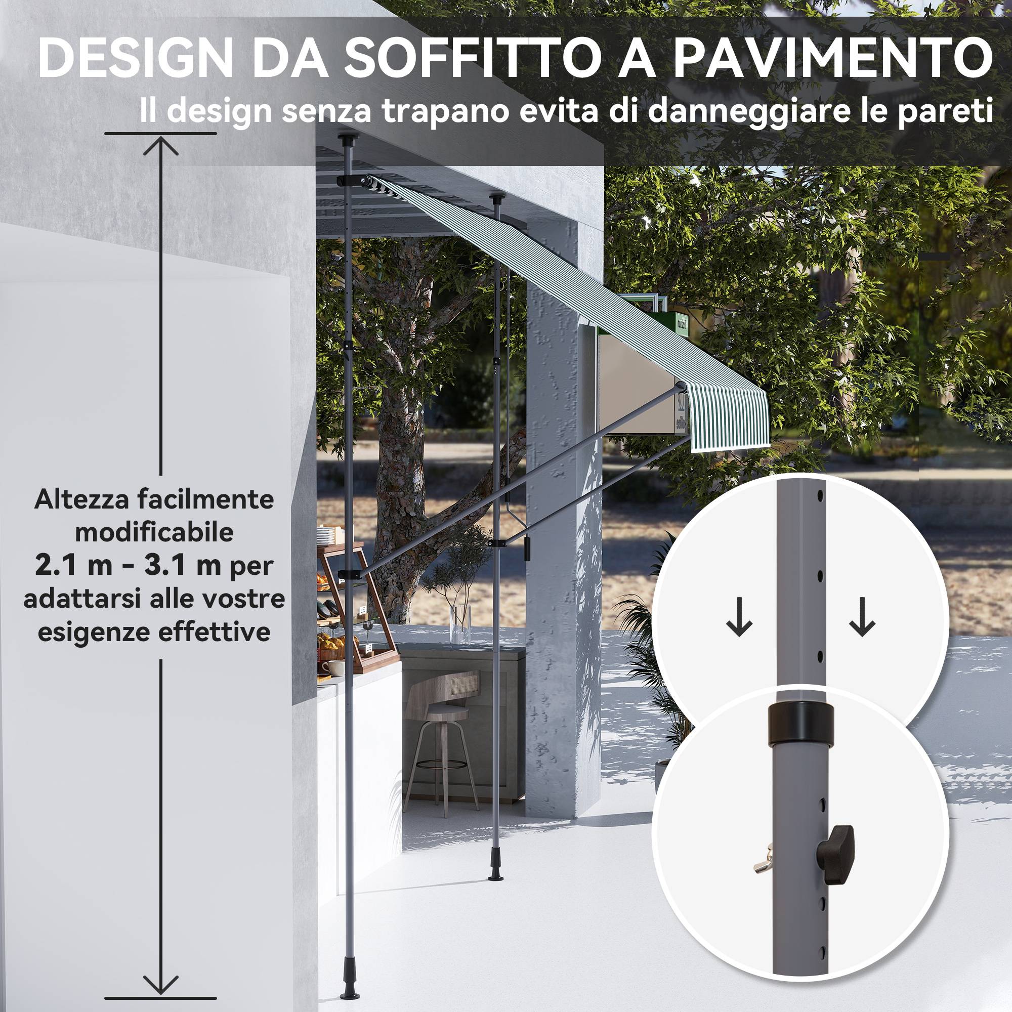 ComfortXL - Store Banette Aluminium Balcon Fixation Sans Perçage Hauteur Réglable 2x1.2m Vert/Blanc - ComfortXL Outdoor Living - Image 6