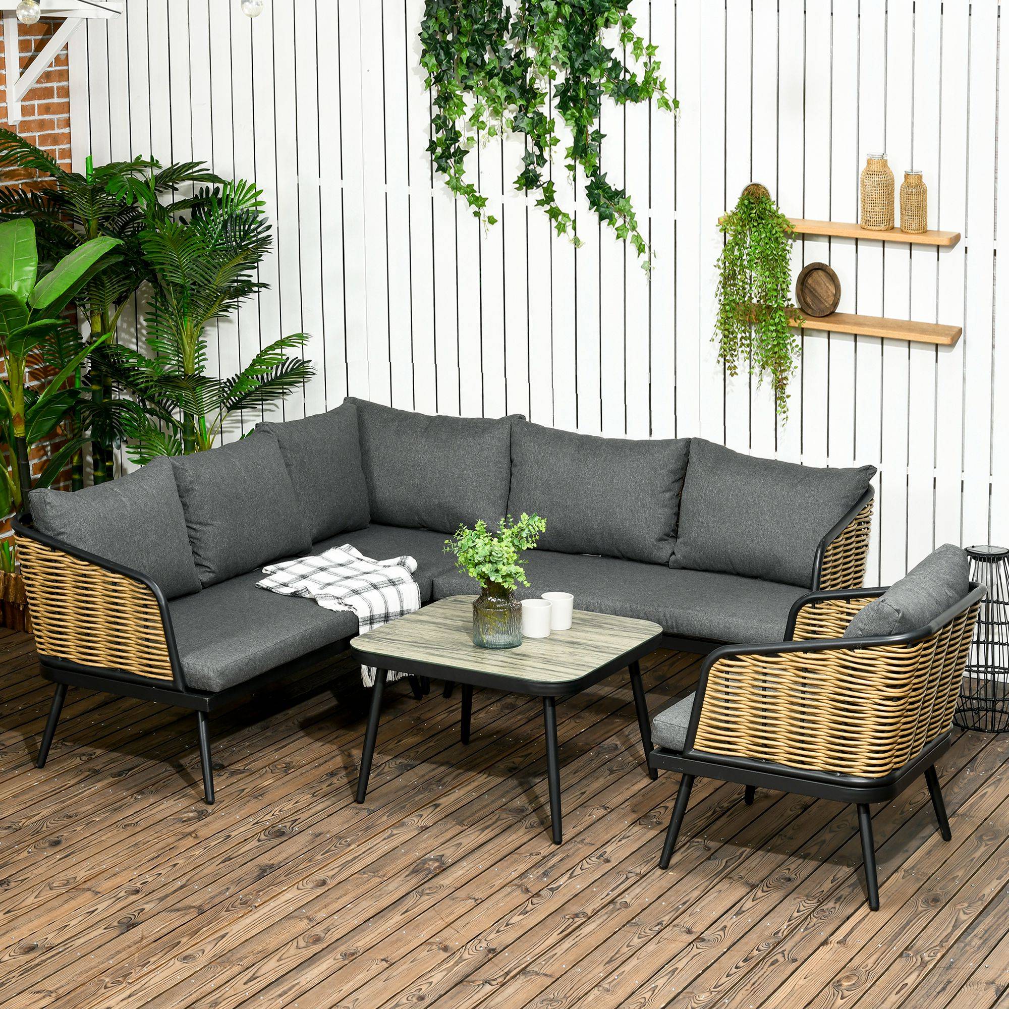 Outsunny - Ensemble salon de jardin d'angle style colonial 6 places 5 pièces coussins gris alu. noir résine tressée aspect rotin - Outsunny - Imagen 2