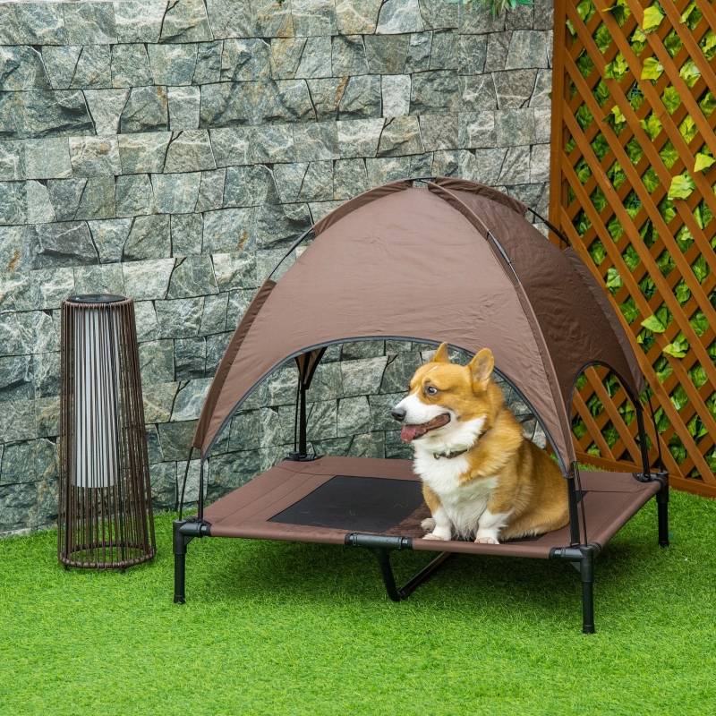 Lit surélevé pour chien Métal Extérieur Avec auvent respirant 92x76x90cm Marron - ComfortXL Outdoor Living