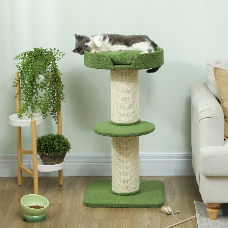 Arbre à chat 91cm avec lit et plateforme en laine d'agneau vert - Image 2
