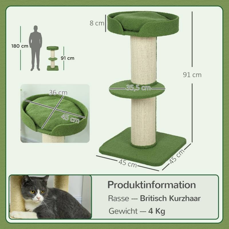 Arbre à chat 91cm avec lit et plateforme en laine d'agneau vert - Image 3