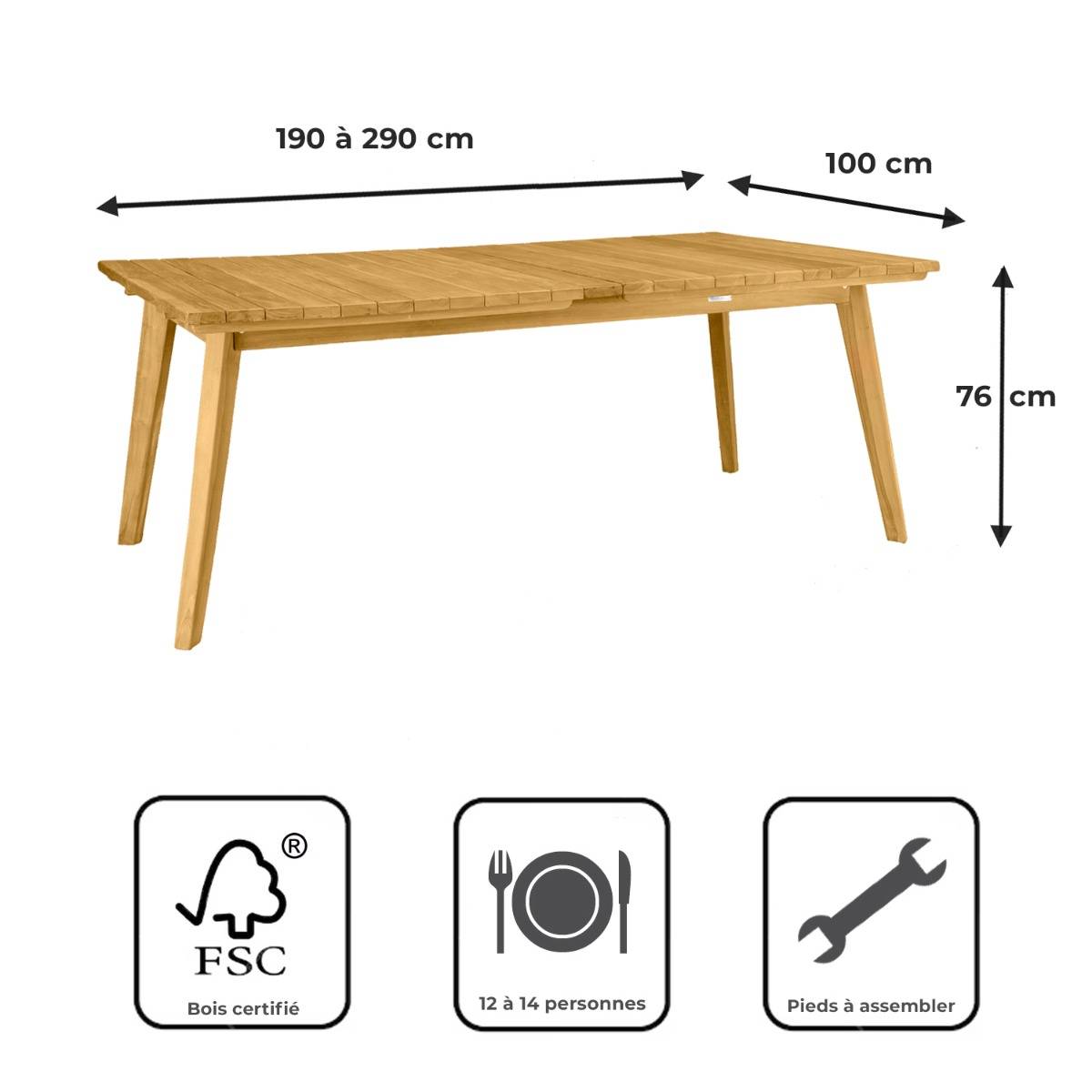Teck'Attitude - Table extensible rectangulaire teck massif 190/290 x 100 cm Flora XL - TECK'Attitude - Imagen 9