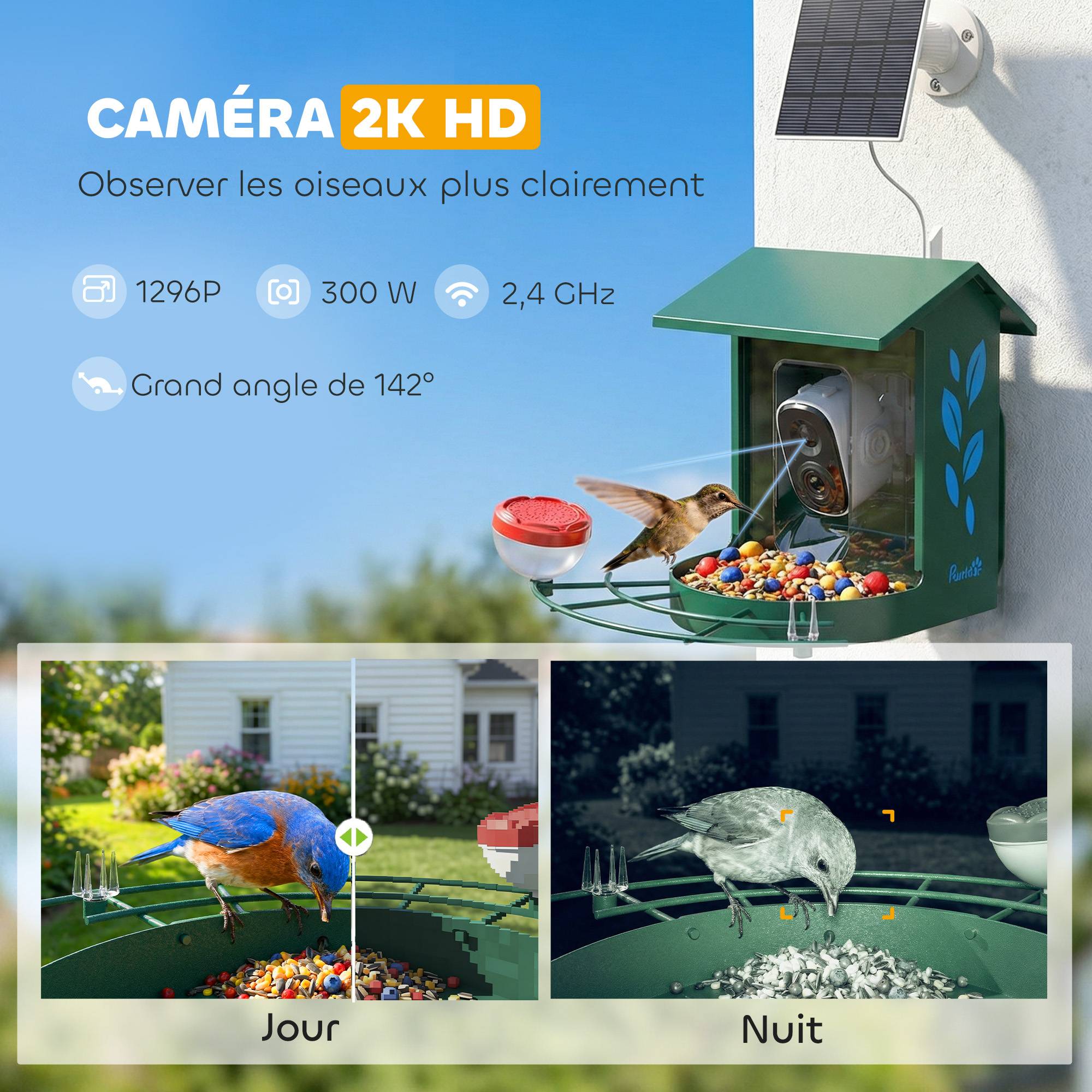 Mangeoire oiseaux intelligente caméra 2K solaire anti-écureuil acier 30x34x26cm vert - ComfortXL Outdoor Living - Image 7