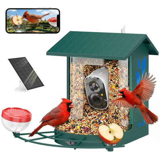 Mangeoire oiseaux intelligente caméra 2K solaire anti-écureuil acier 30x34x26cm vert - ComfortXL Outdoor Living - Image 1