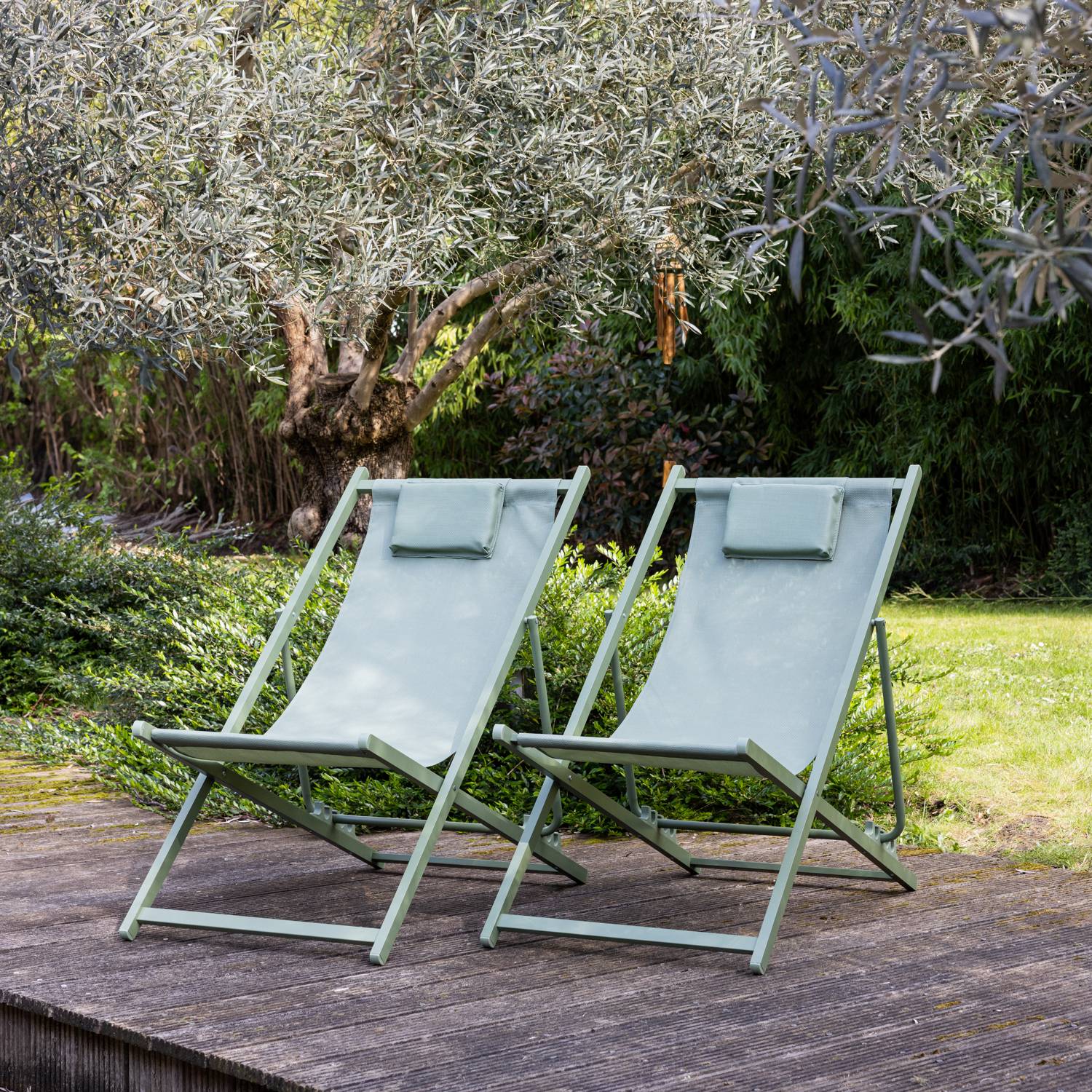 Lot de 2 chiliennes CYPRUS - textilène vert sauge/structure vert sauge - HAPPY GARDEN - Image 2