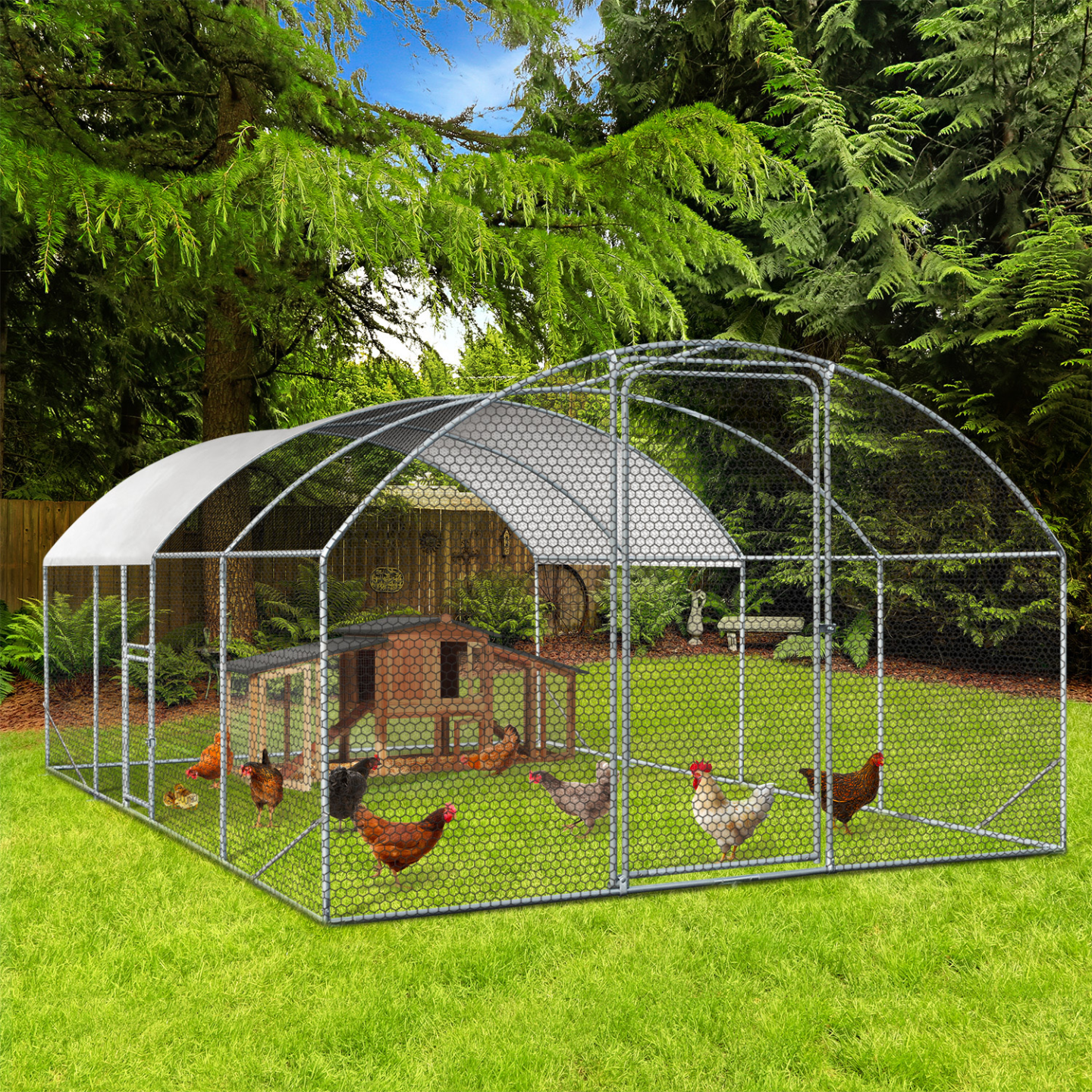 Enclos poulailler dôme 15 m² parc grillagé 3x5 m avec porte latérale – IDMarket - Image 1