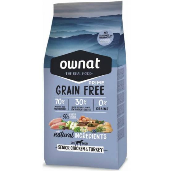 Croquettes Ownat Grain Free Prime Senior Poulet et Dinde sans céréales pour chien senior Sac 3 kg