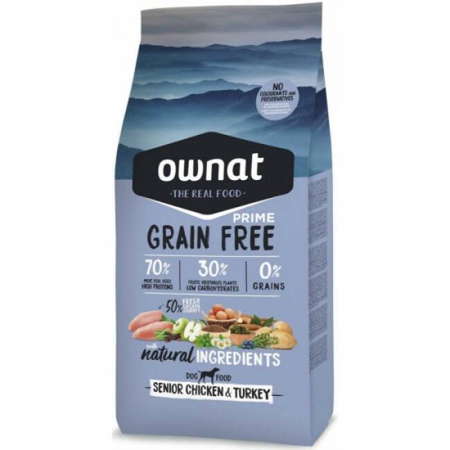 Croquettes Ownat Grain Free Prime Senior Poulet et Dinde sans céréales pour chien senior Sac 3 kg
