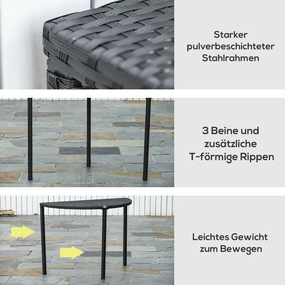 Table demi-ronde polyrattan métal 100x50x74cm noire, parfaite pour balcon et terrasse - Image 6