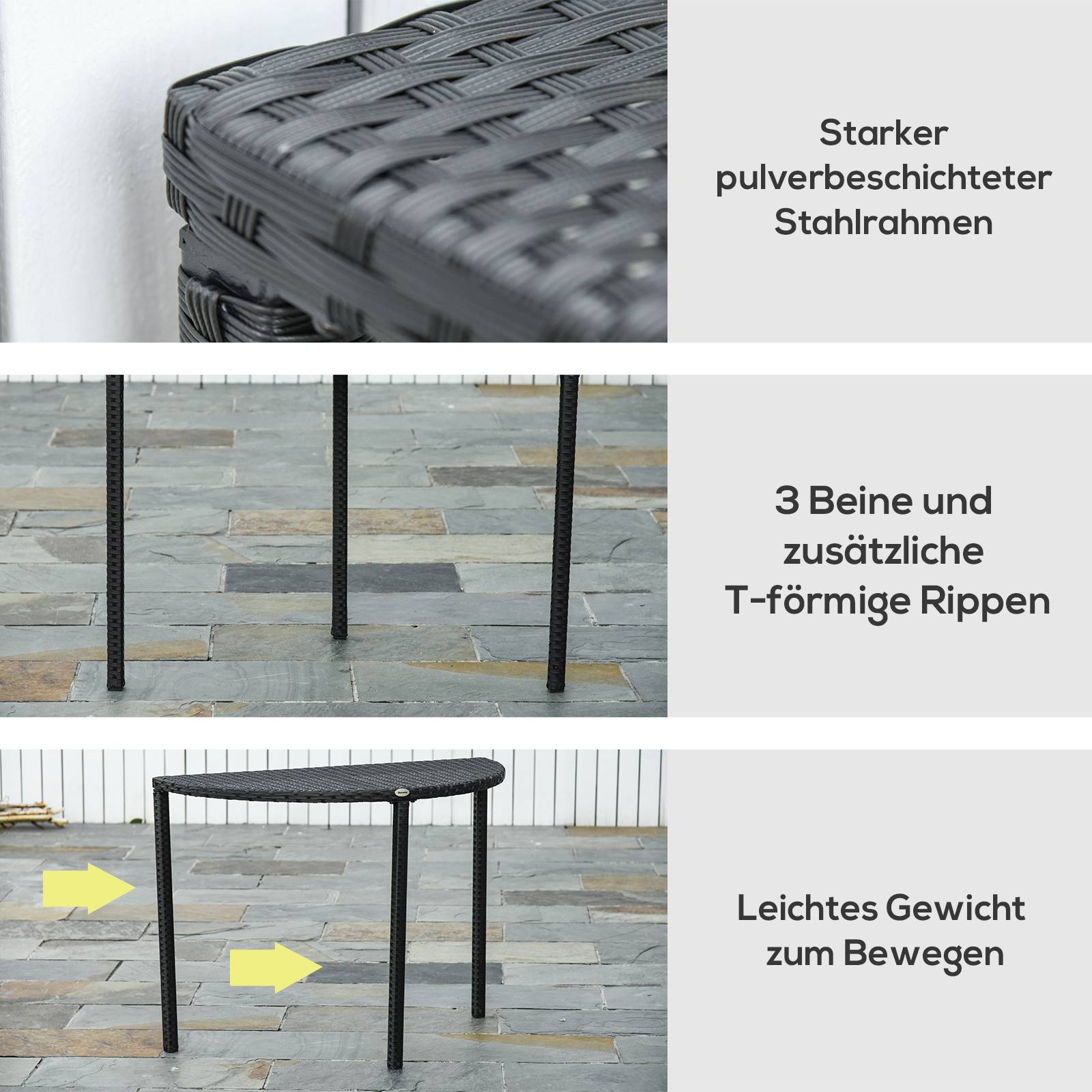Table demi-ronde polyrattan métal 100x50x74cm noire, parfaite pour balcon et terrasse - Image 6