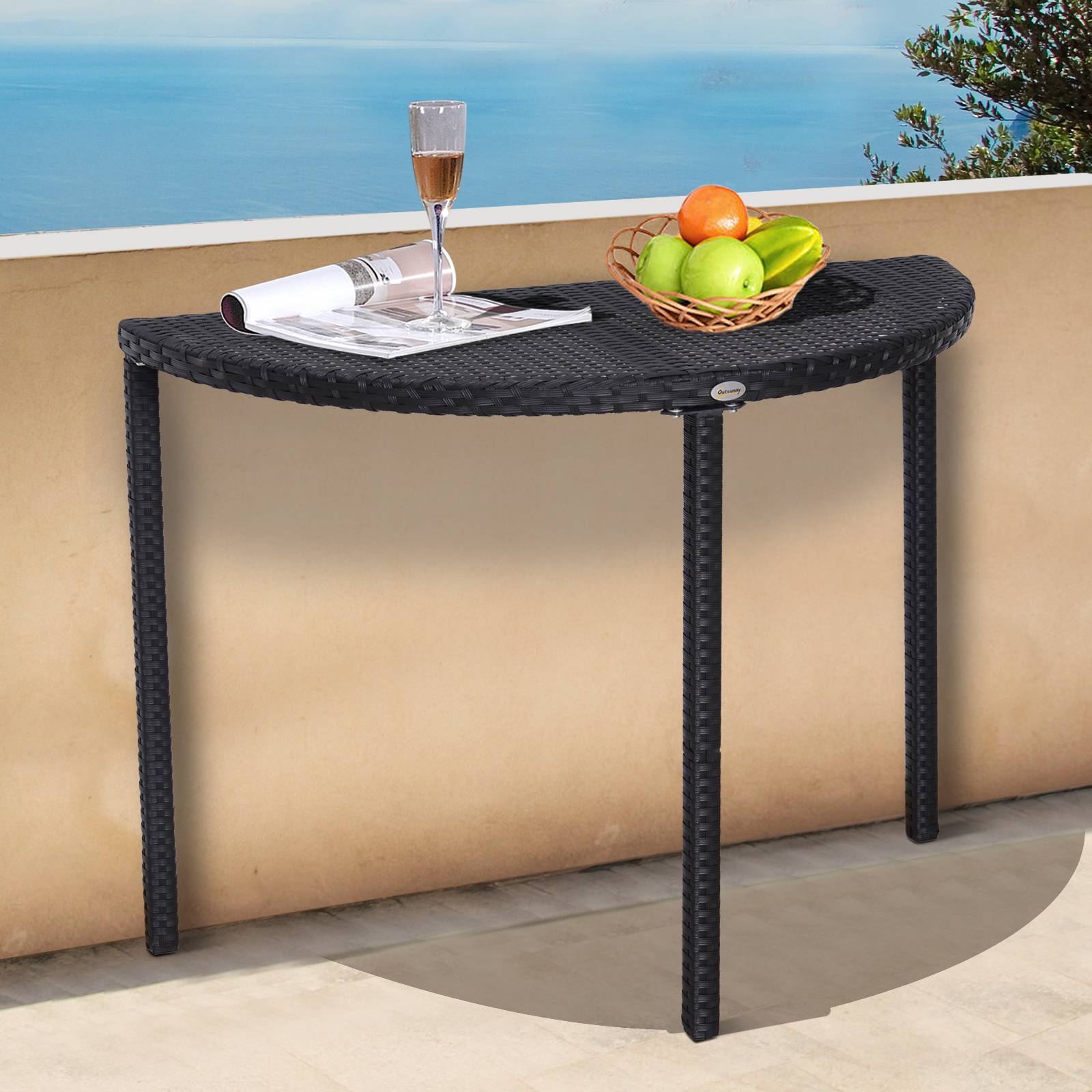 Table demi-ronde polyrattan métal 100x50x74cm noire, parfaite pour balcon et terrasse - Image 2