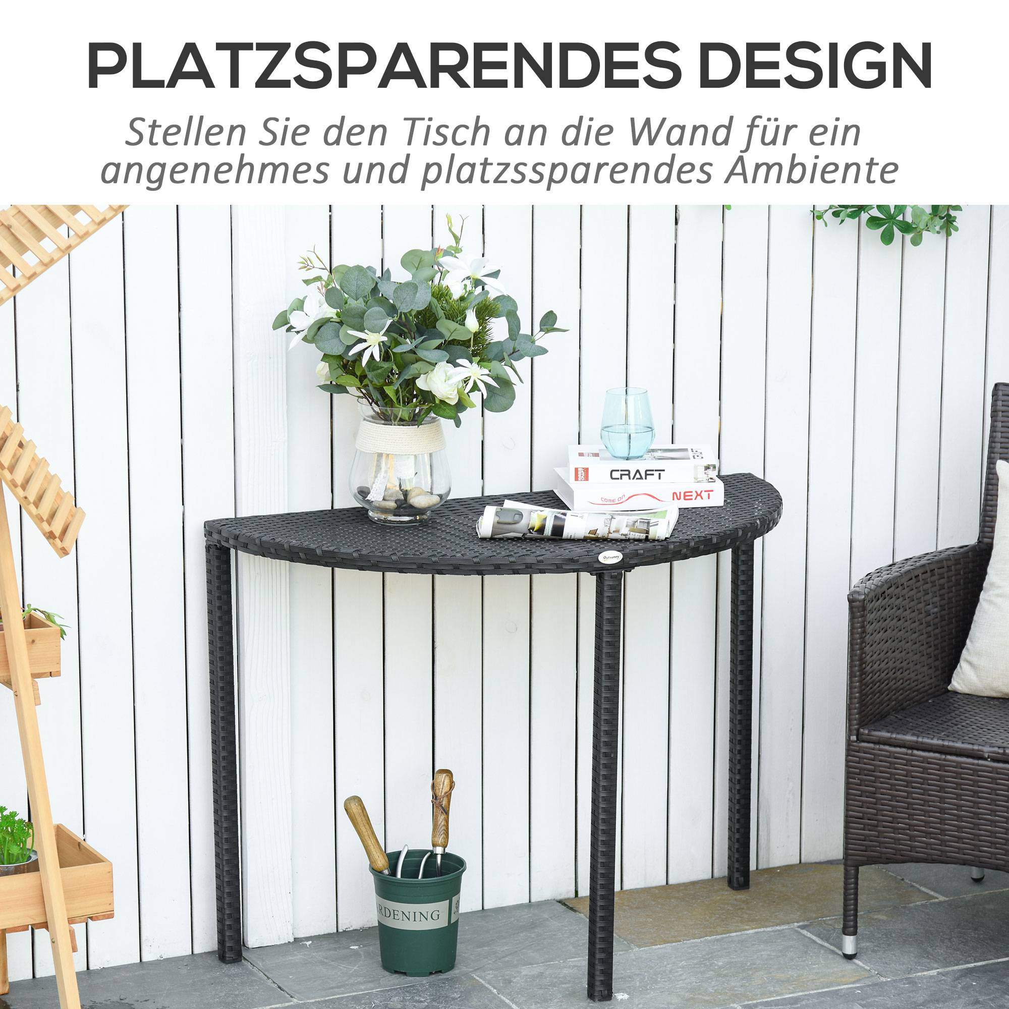 Table demi-ronde polyrattan métal 100x50x74cm noire, parfaite pour balcon et terrasse - Image 4