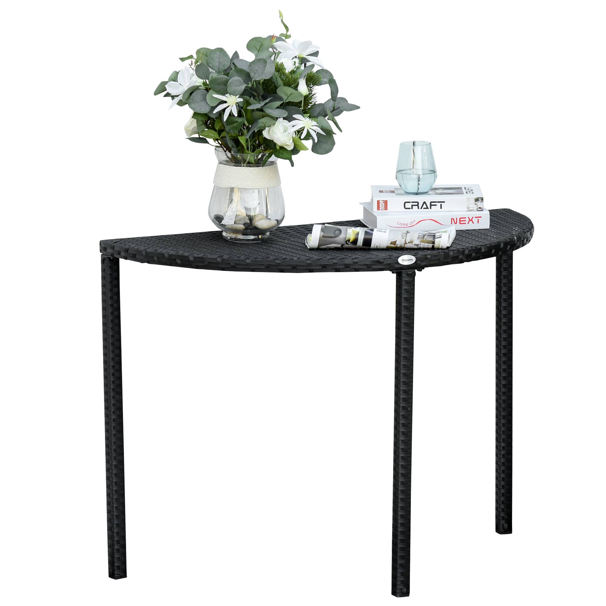 Table demi-ronde polyrattan métal 100x50x74cm noire, parfaite pour balcon et terrasse - Image 1