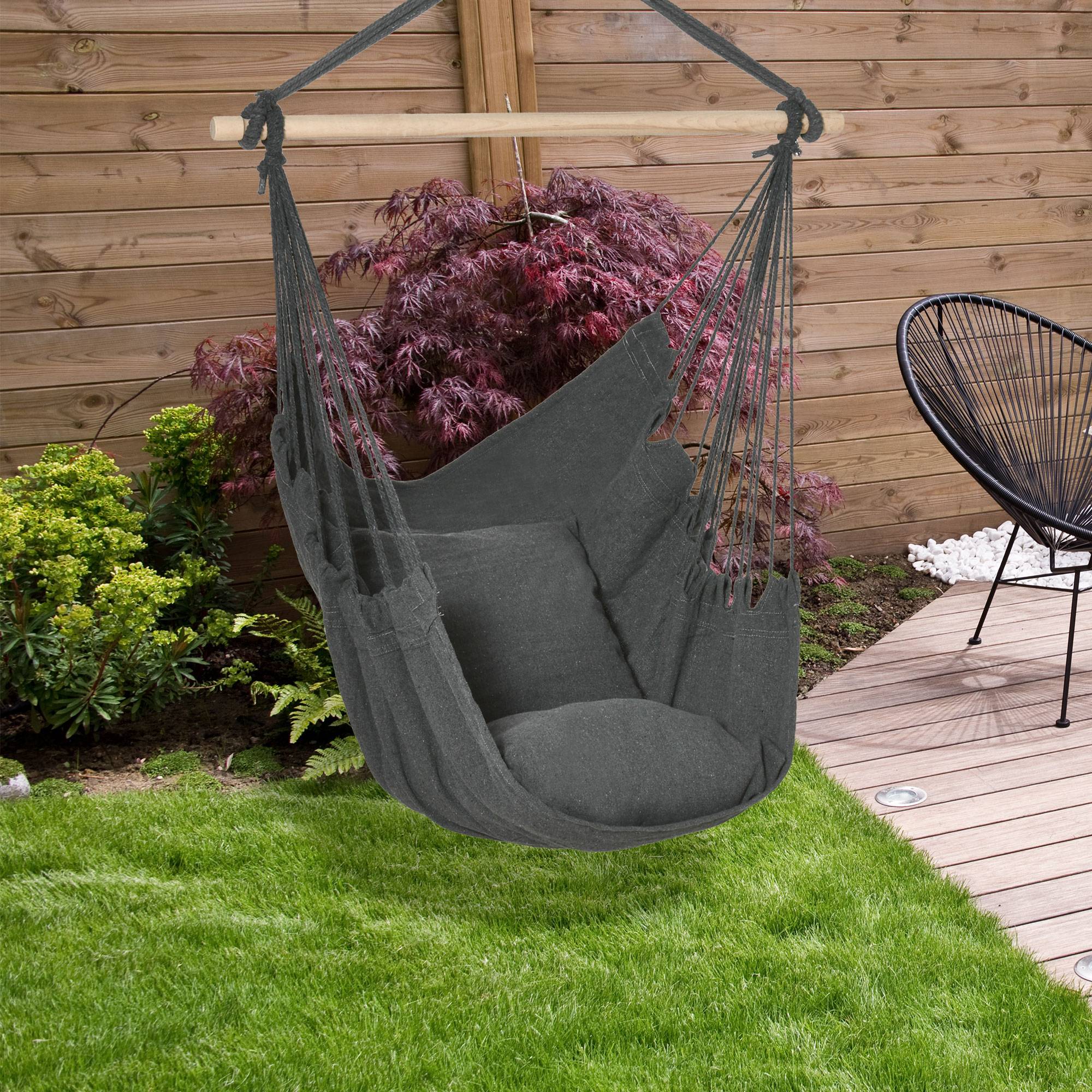 Chaise hamac coton patio fauteuil suspendu 2 coussins 100x130cm gris - ComfortXL Outdoor Living - Image 3