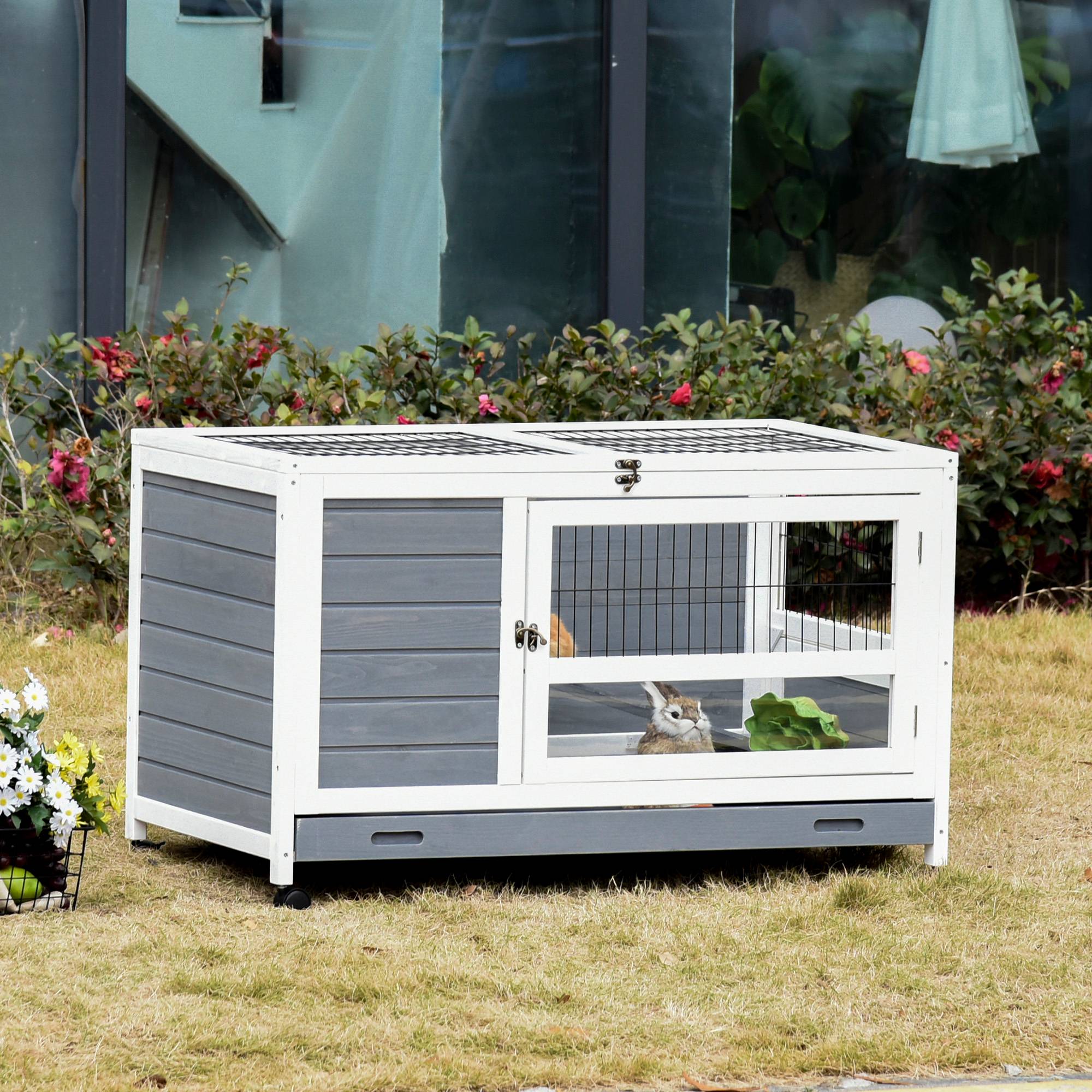 ComfortXL - Villa clapier sapin intérieur extérieur 2 niveaux roulettes 102x60x63cm gris - ComfortXL Outdoor Living - Image 3