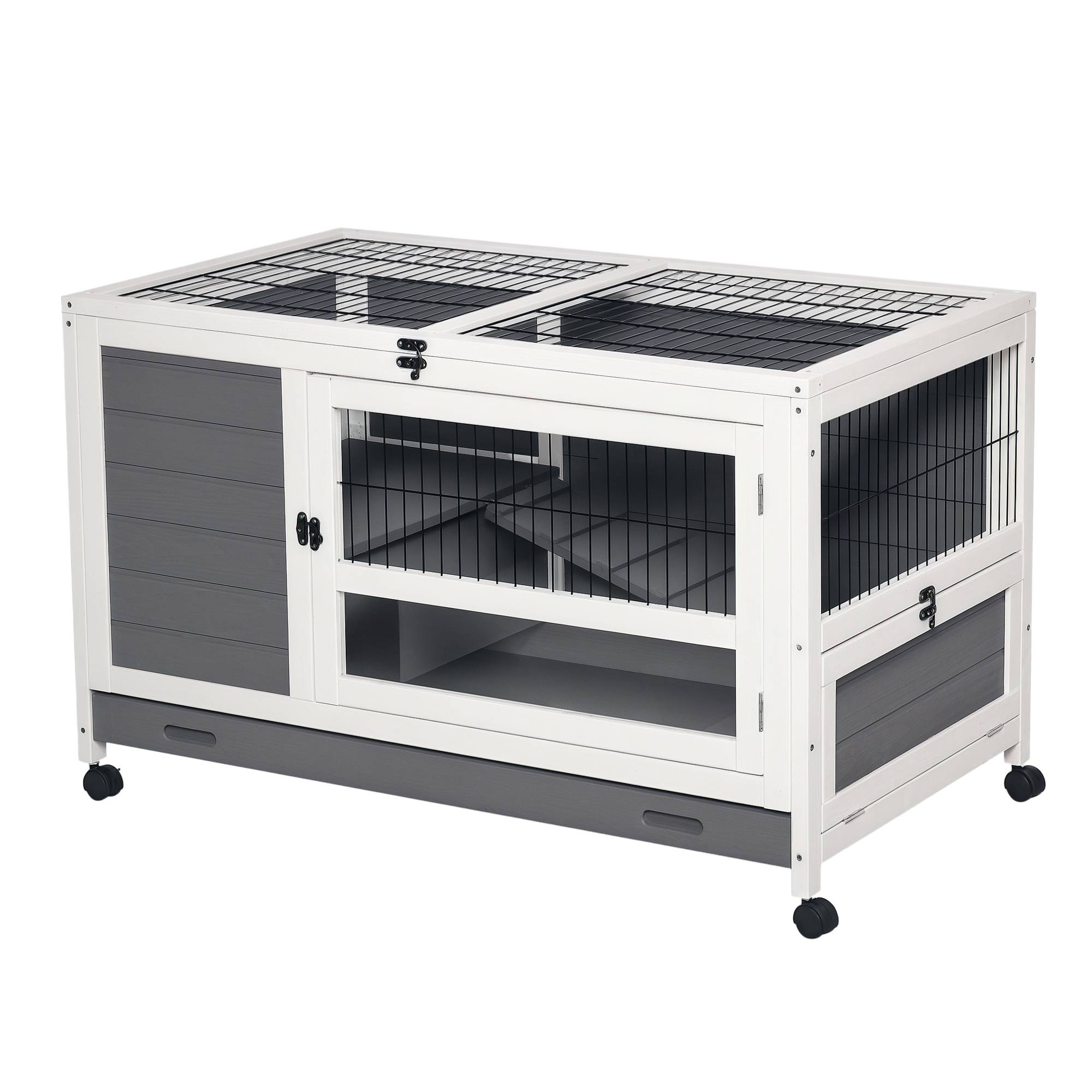 ComfortXL - Villa clapier sapin intérieur extérieur 2 niveaux roulettes 102x60x63cm gris - ComfortXL Outdoor Living - Image 1