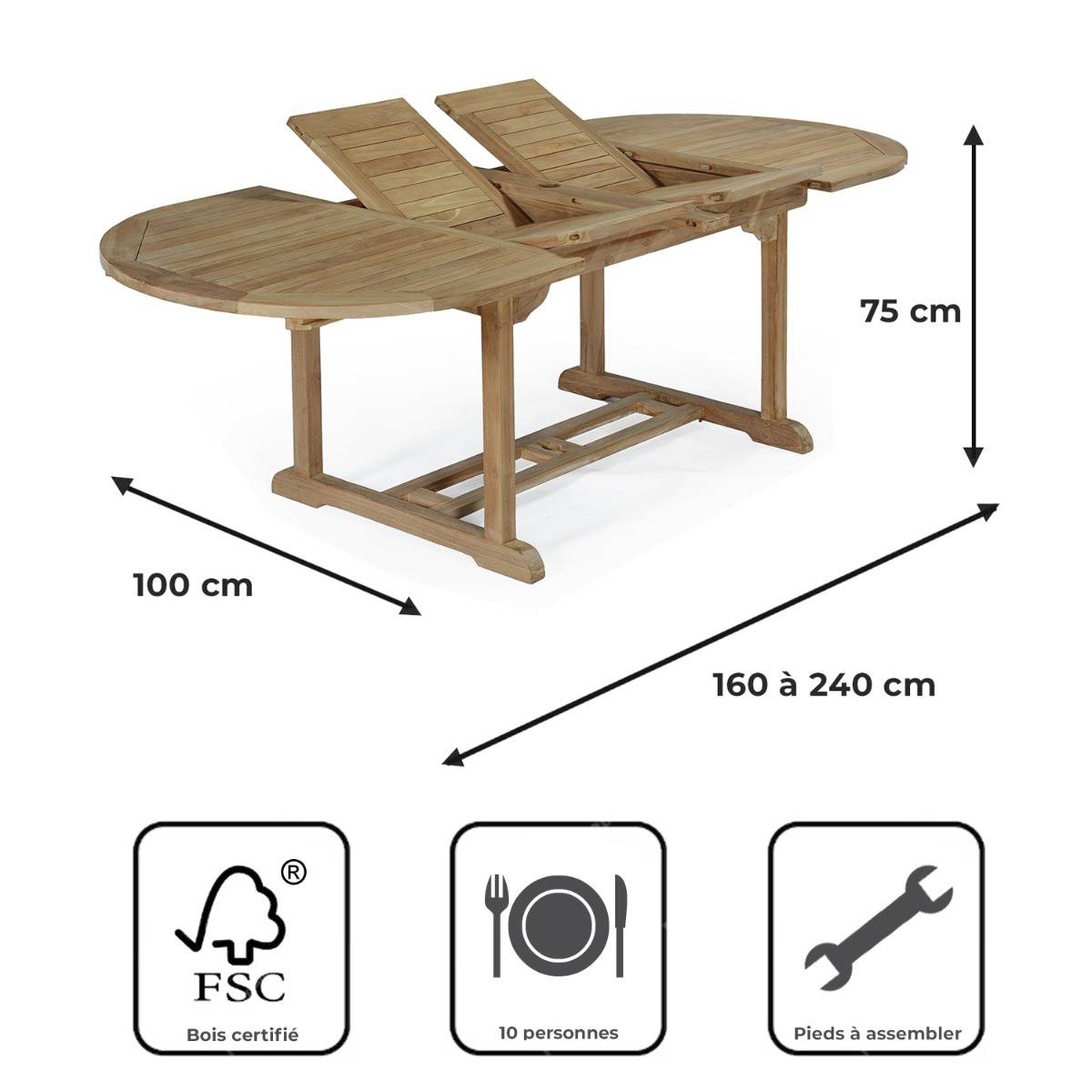 Teck'Attitude - Table extensible ovale teck massif Vérone 160/240 x 100 cm - TECK'Attitude - Imagen 9