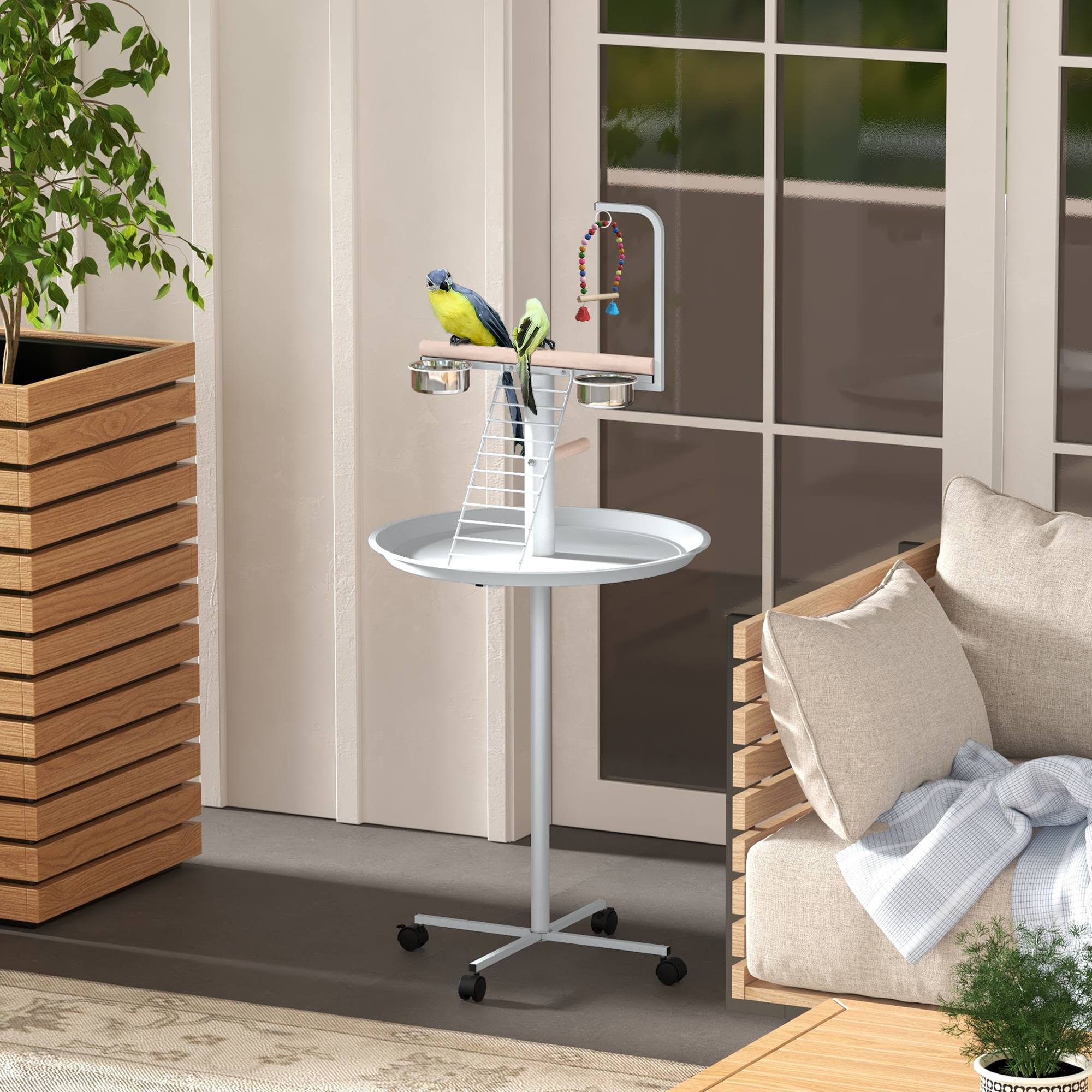 Mangeoire à oiseaux sur pied acier avec perchoir roulettes Ø60x138cm blanc - ComfortXL Outdoor Living - Image 4