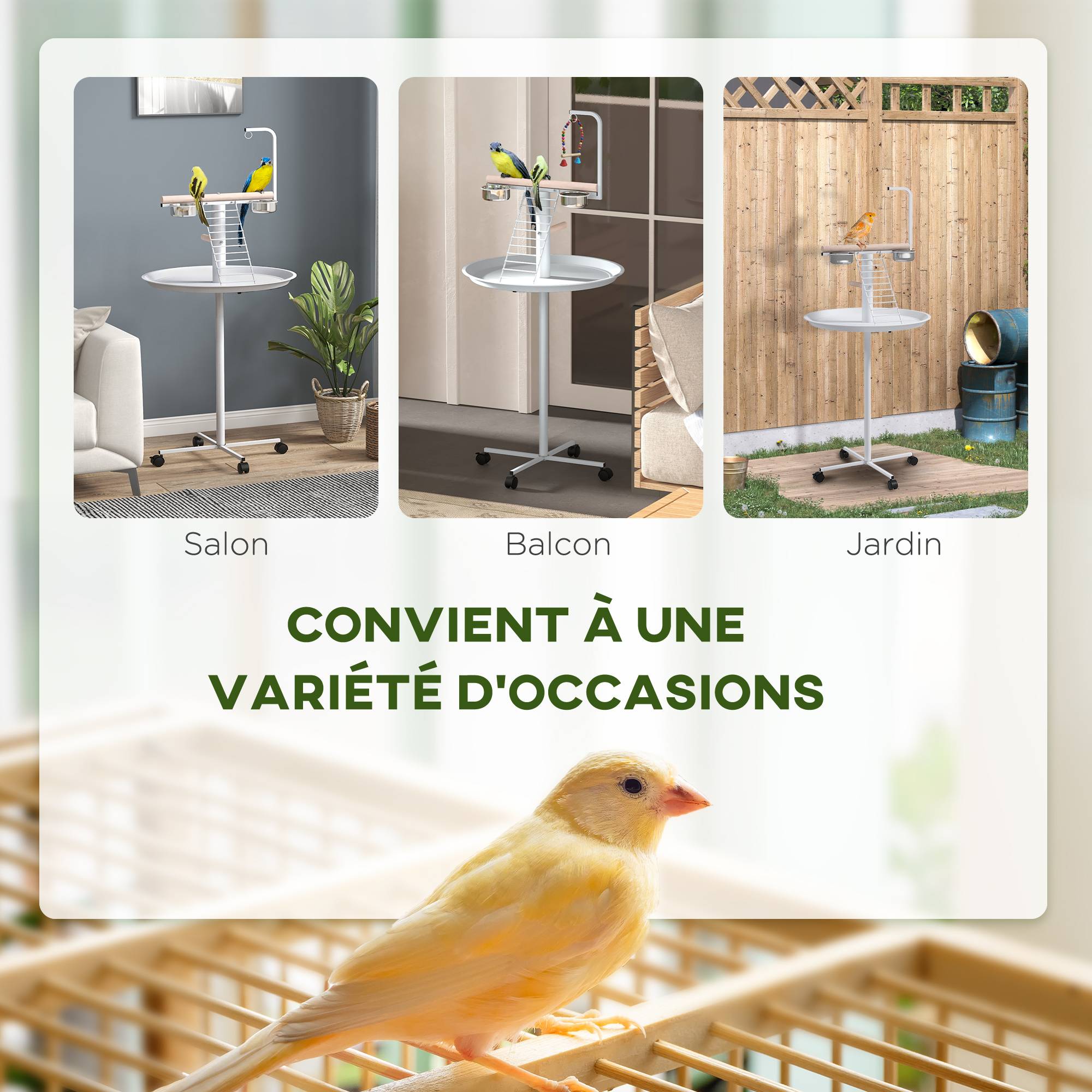 Mangeoire à oiseaux sur pied acier avec perchoir roulettes Ø60x138cm blanc - ComfortXL Outdoor Living - Image 6