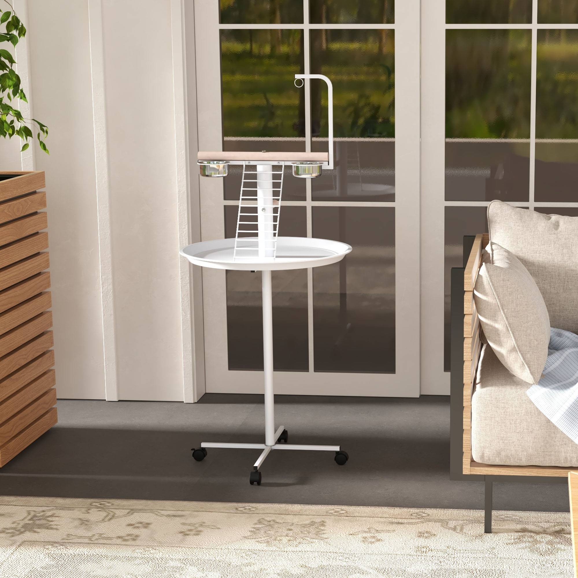 Mangeoire à oiseaux sur pied acier avec perchoir roulettes Ø60x138cm blanc - ComfortXL Outdoor Living - Image 10