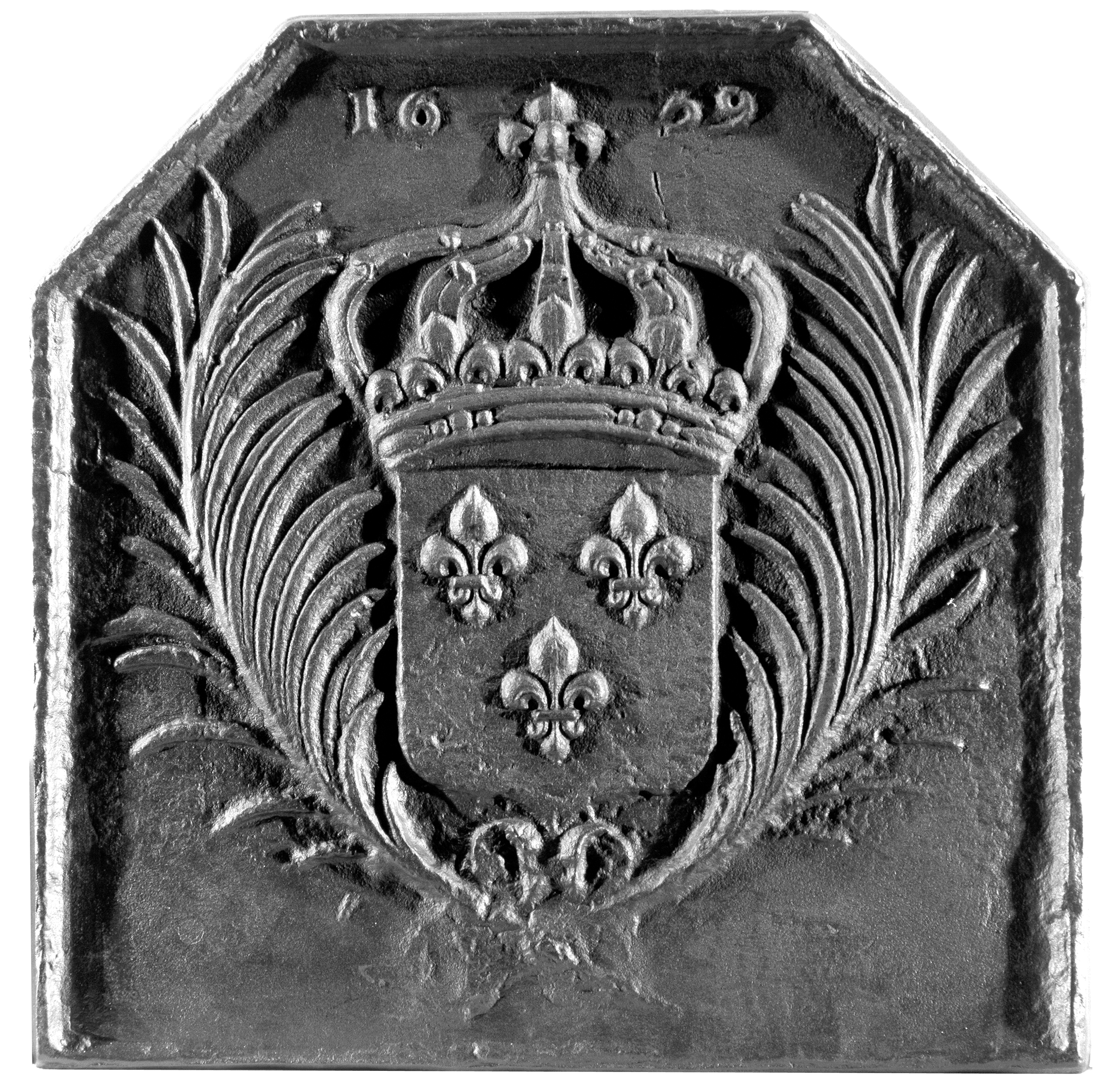 Plaque de cheminée fleurs de lys 1659 Dommartin grise H. 70 cm X L. 70 cm - Imagen 1