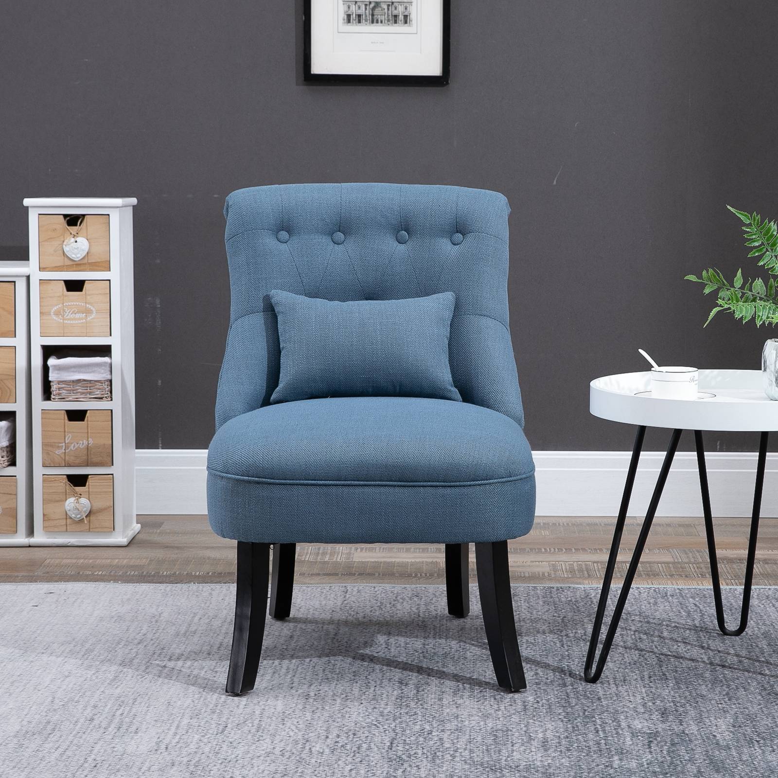Fauteuil inclinable de salon avec coussin dossier, chaise longue relaxation, pieds bois, tissu aspect lin, bleu - Image 3